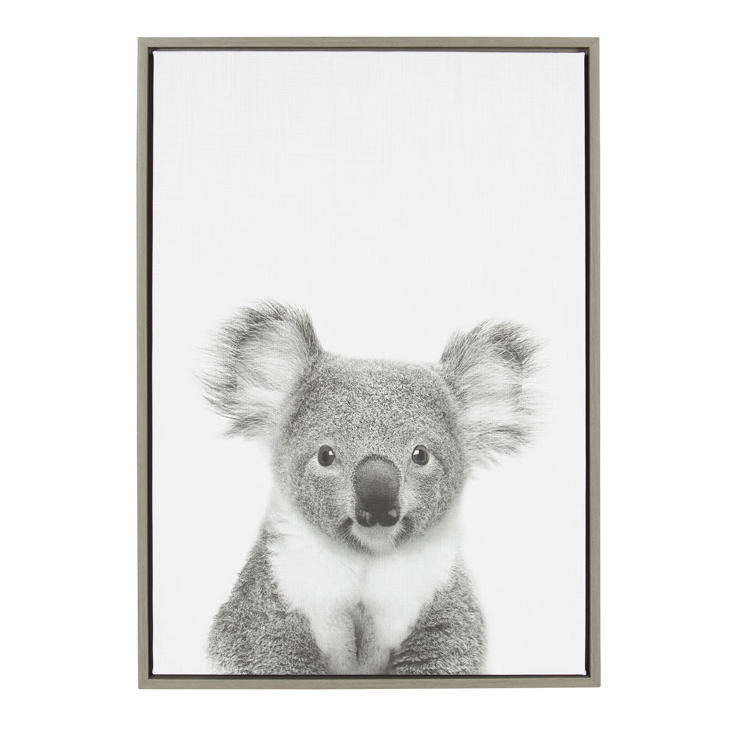 Kate and Laurel Sylvie Koala Animal Print Black and White Portrait Framed Canvas Wall Art by Simon Te Tai, 23x33 Gray