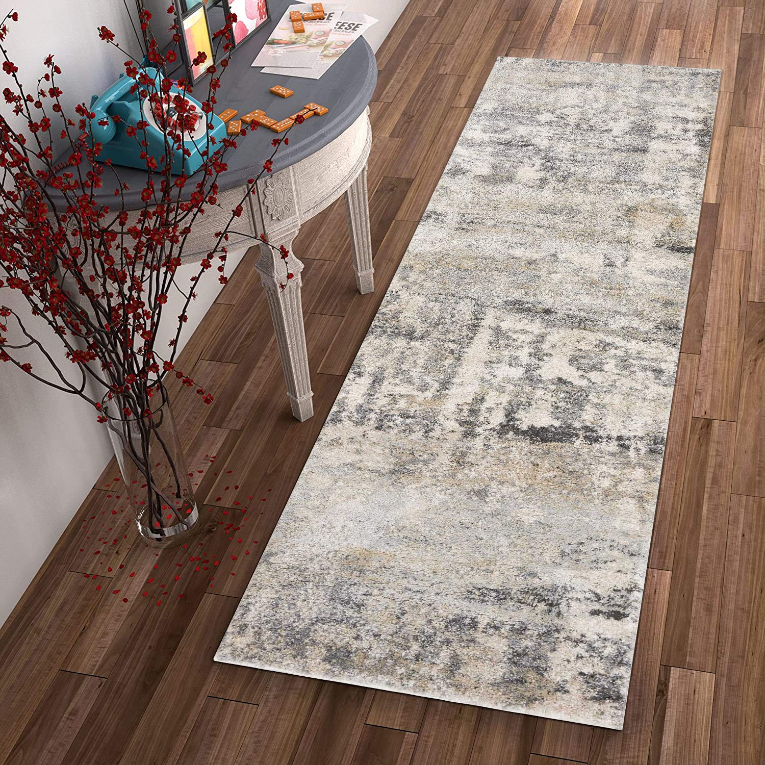 HomeRoots Polypropylene 7' Beige Machine Woven Abstract Design Indoor Runner Rug