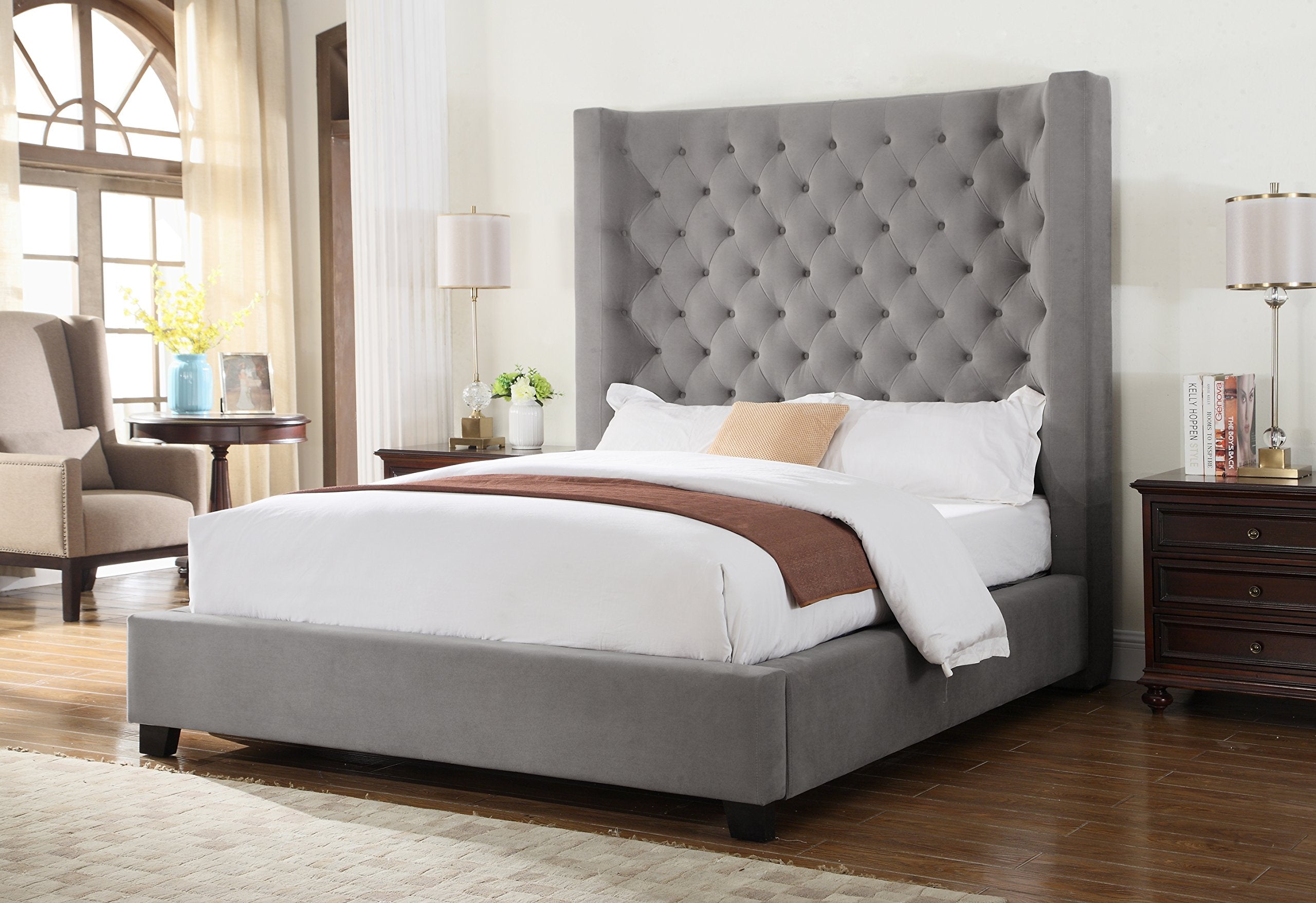 Best Master Furniture Jamie Upholstered Tower Contemporary Bed, Queen, Grey