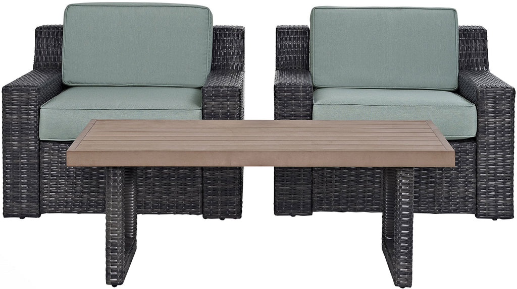 Crosley Furniture Beaufort Beaufort 3-Piece Outdoor Chair and Coffee Table Set, Wicker Patio Conversation Sets, Brown with Mist Cushions