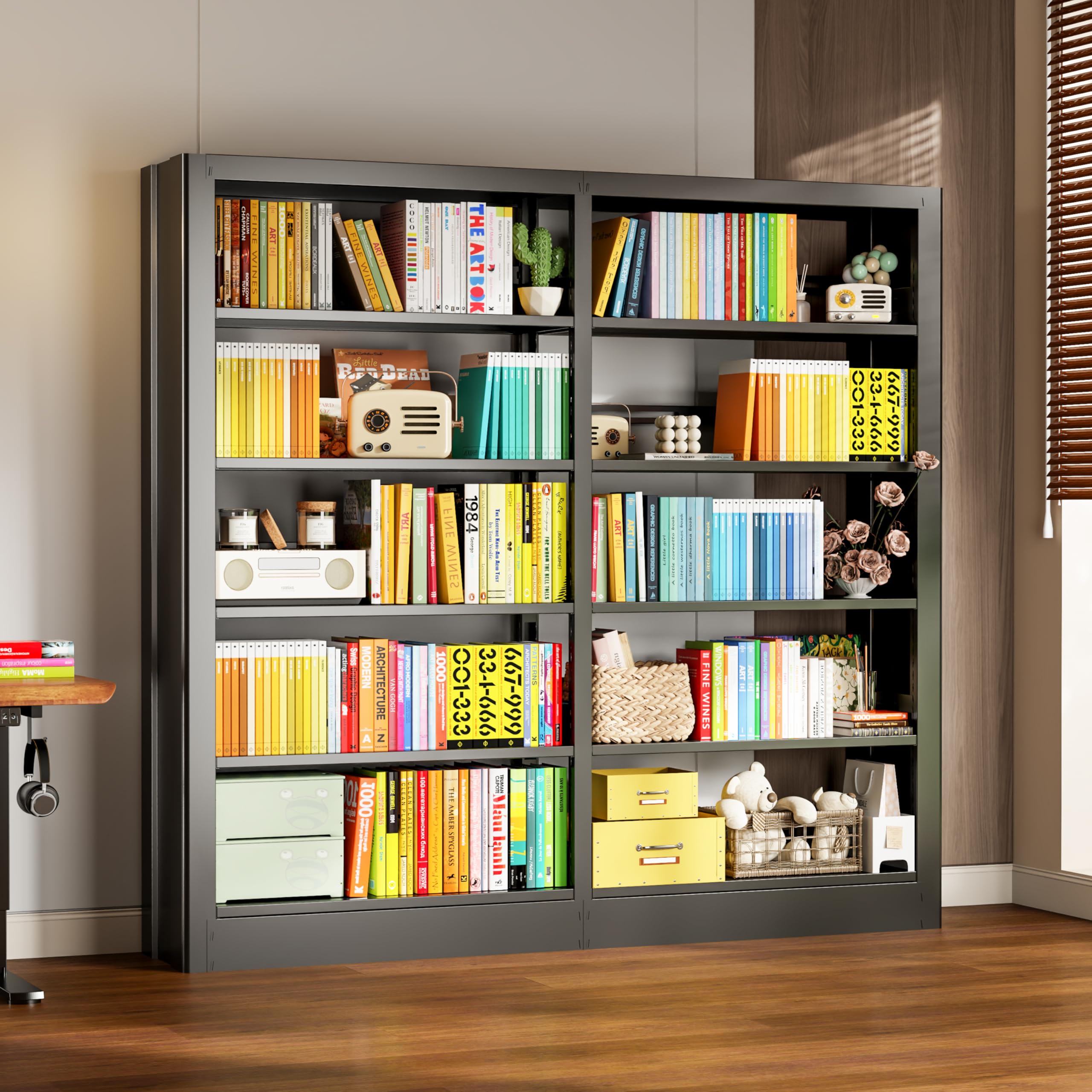 Jazipic 5-Tier Bookcase With Adjustable Storage Shelves, Metal Bookshelf With Book Stopper, Bookcase Shelf For Library, Office,