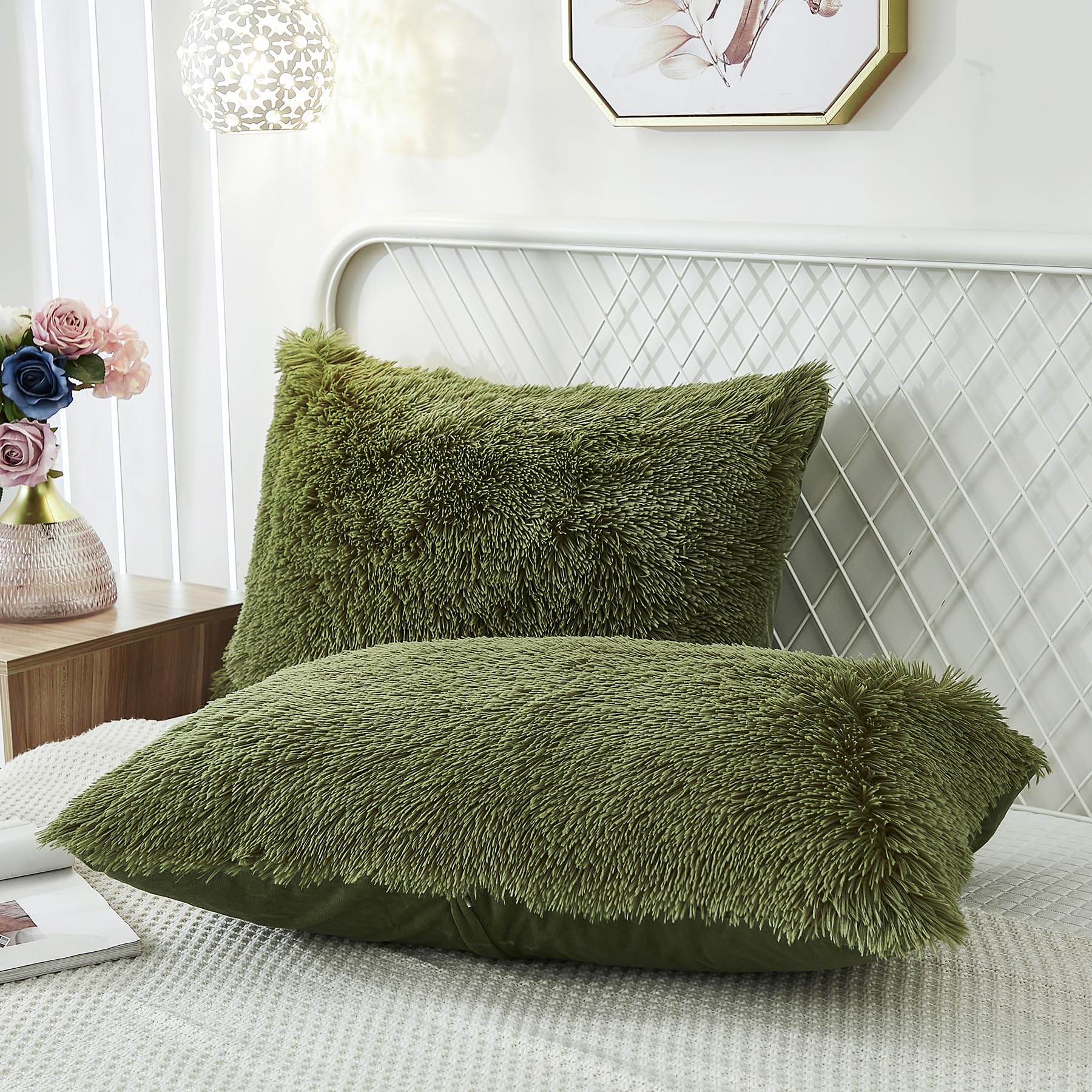Uhamho Fluffy Set Of 2 Pillowcases Faux Fur Throw Pillow Covers King Size Shams Soft Christmas Decorative Zipper Closure (Sage,
