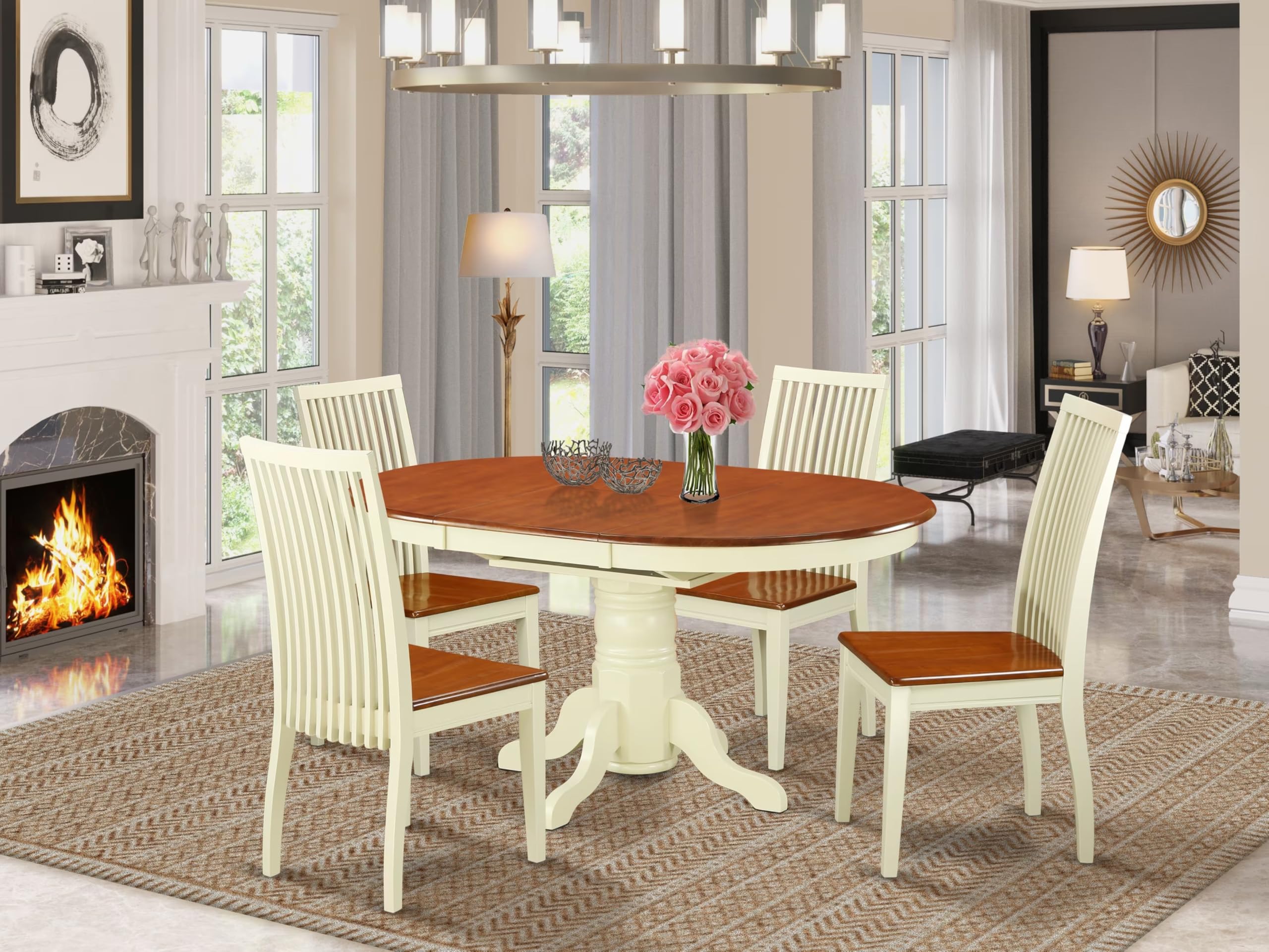East West Furniture AVIP5-BMK-W 5 Piece Kitchen Table & Chairs Set Includes an Oval Dining Room Table with Butterfly Leaf and 4 Dining Chairs, 42x60 Inch, Buttermilk & Cherry