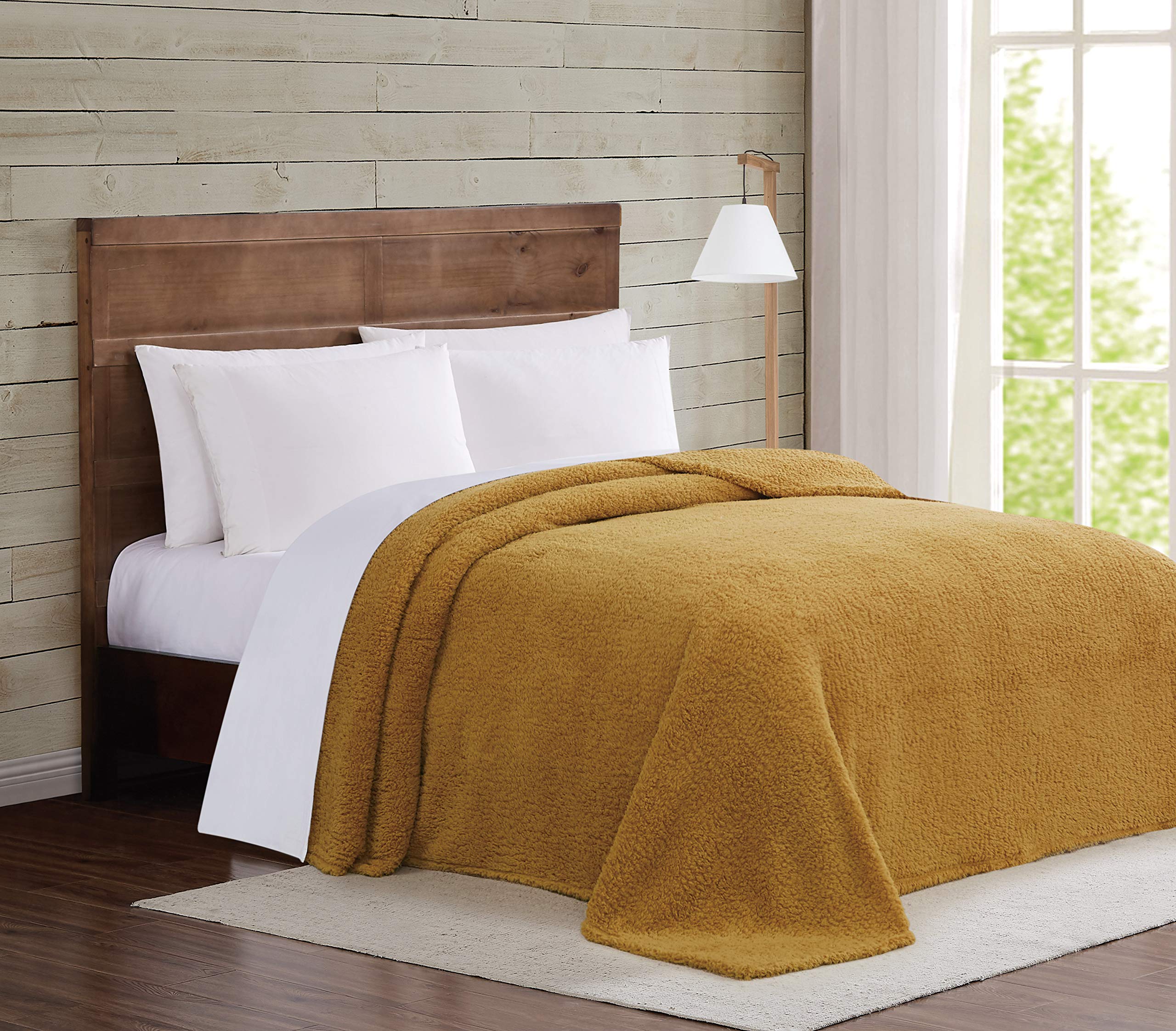 Brooklyn Loom Marshmallow Sherpa Bed Blanket, Full/Queen, Mustard