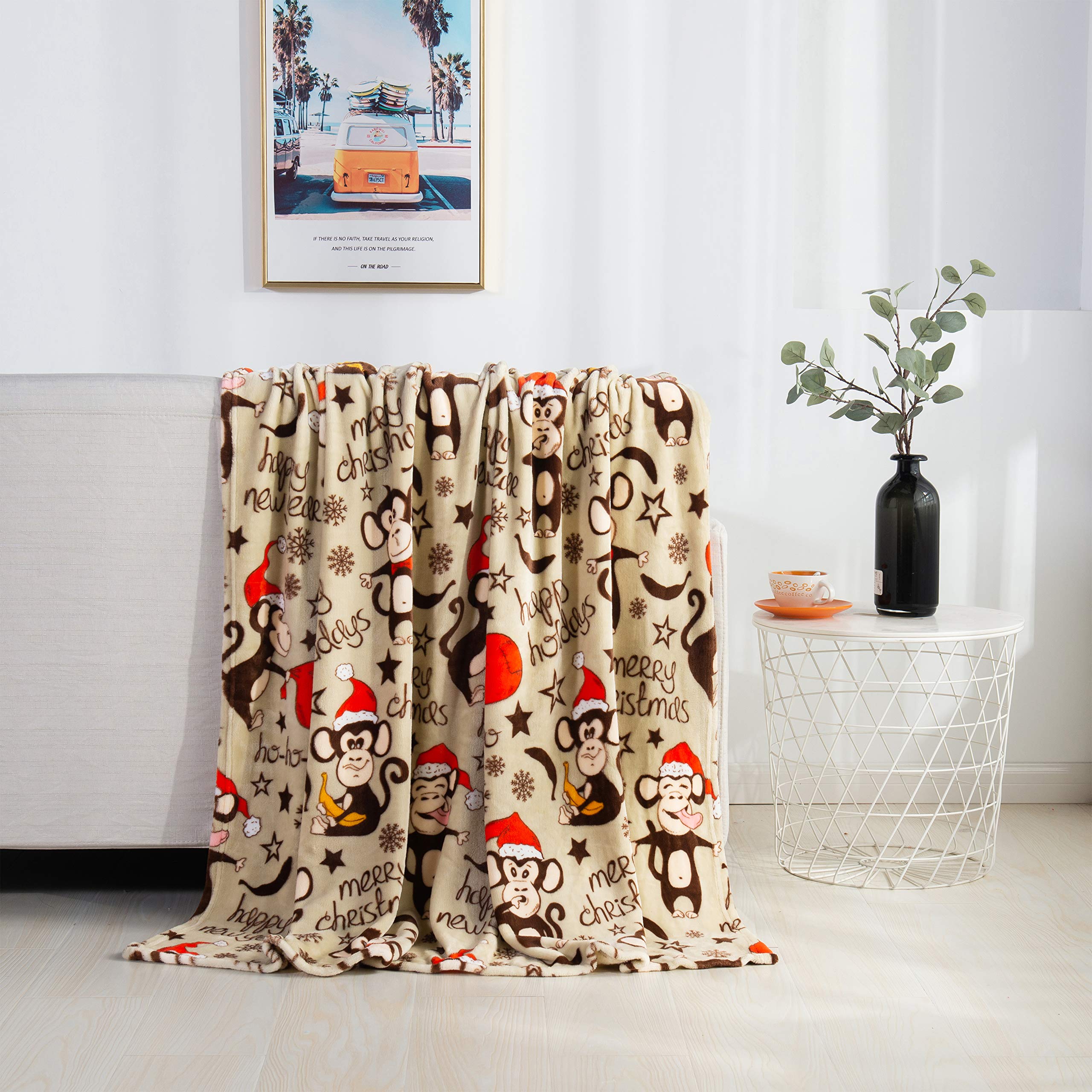 Elegant Comfort Velvet Touch Ultra Plush Christmas Holiday Printed Fleece Throw/Blanket-50 X 60Inch, (Monkey)