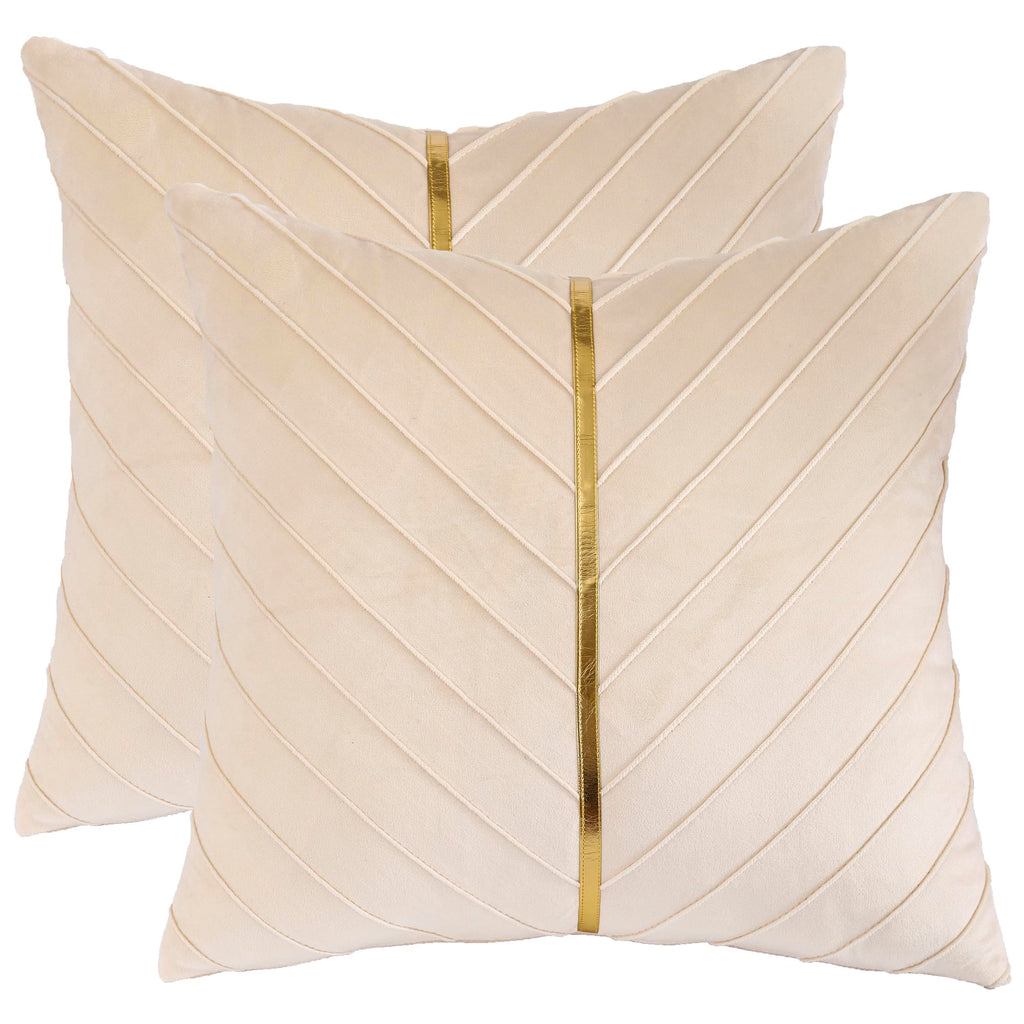 Tosleo Cream Velvet Throw Pillow Covers 16X16 Pack Of 2 With Gold Leather,Decorative Couch Pillow Cover Luxury Modern Pillowcase
