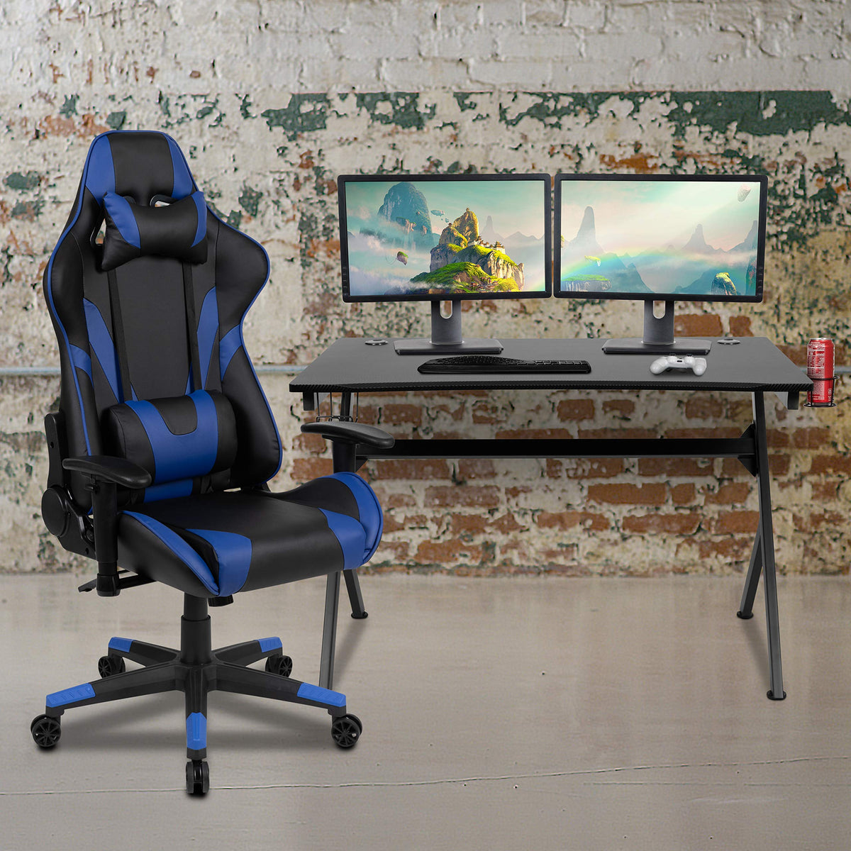 Flash Furniture Black Gaming Desk And Blue/Black Reclining Gaming Chair Set With Cup Holder, Headphone Hook & 2 Wire Management Holes