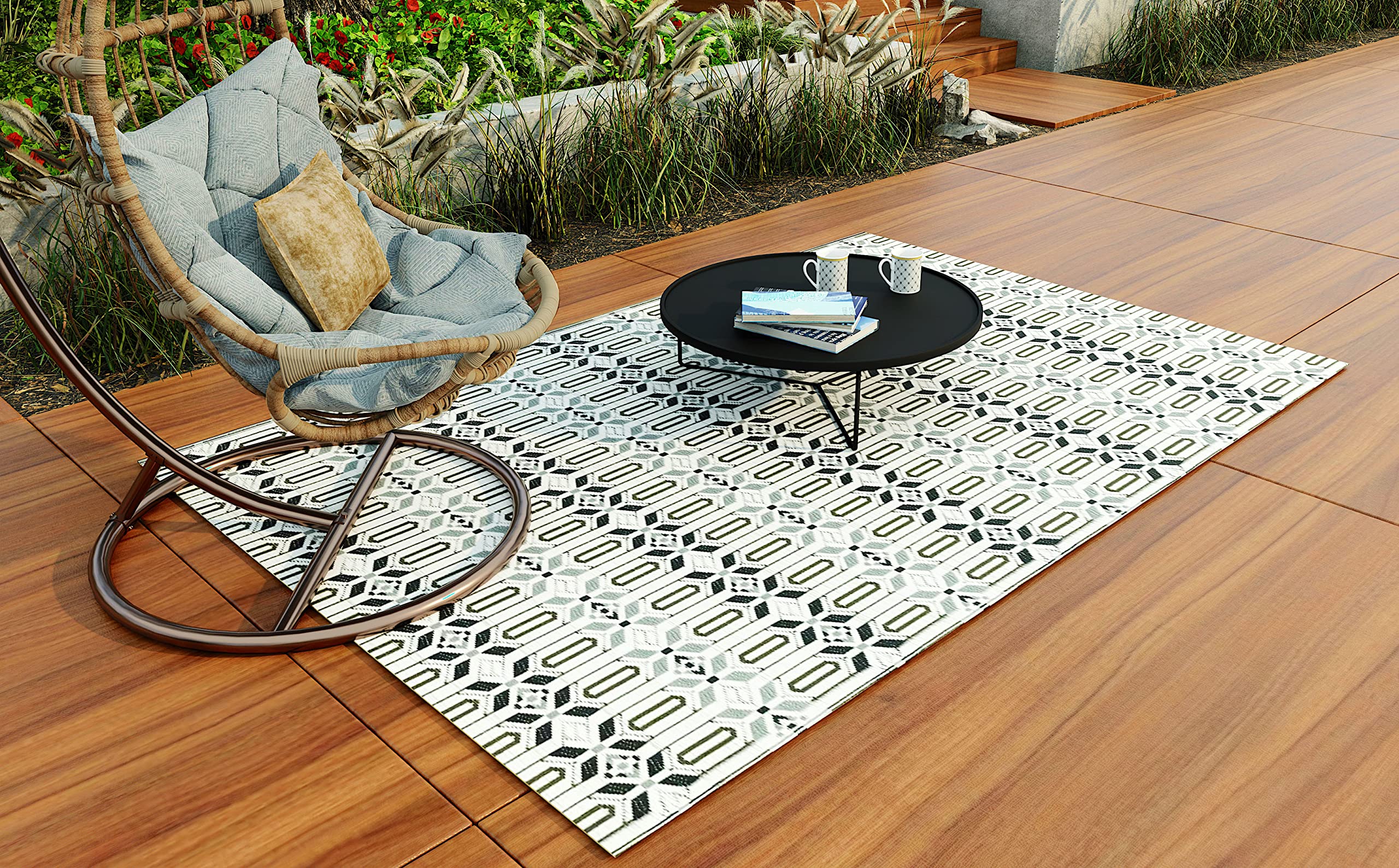 Mad Mats Geometric Outdoor Rug, Reversible Plastic Mat (4' X 6', Moroccan - Grey/White)