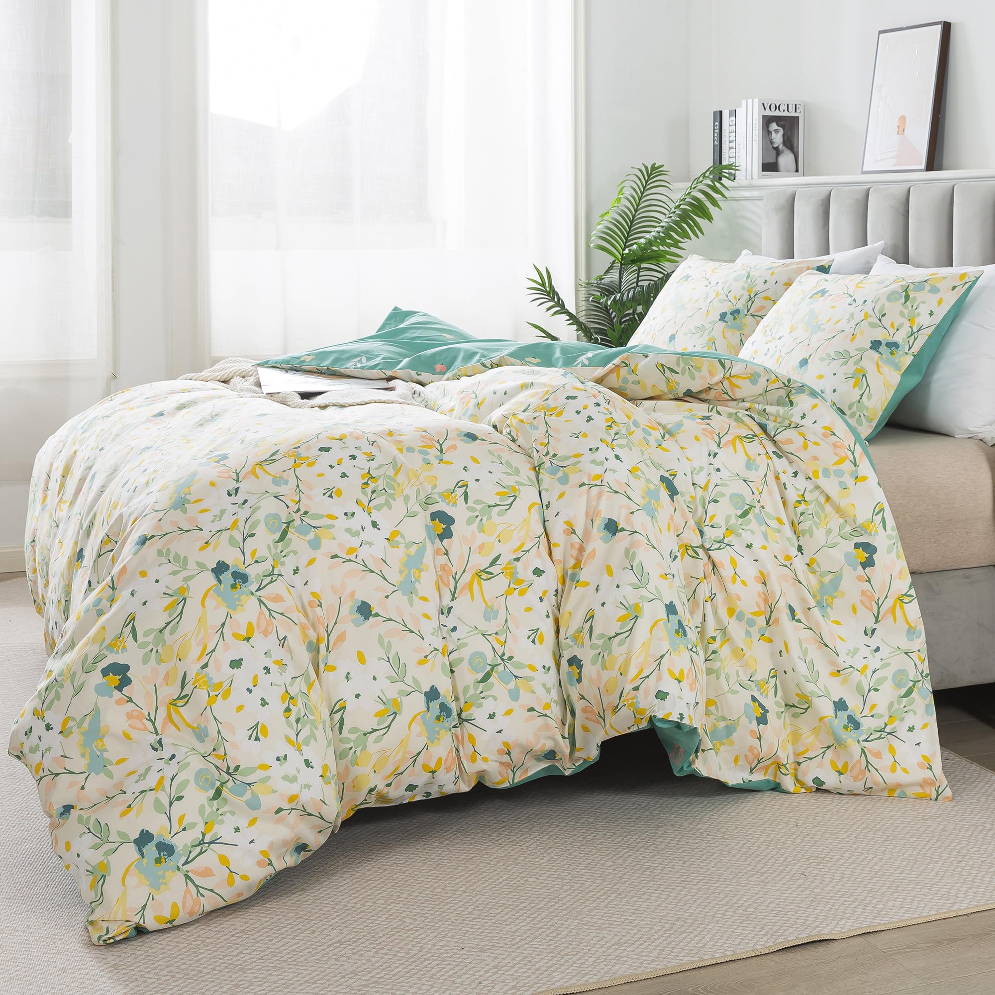 Honeilife Duvet Dover King Size - 100% Cotton Comforter Cover Floral Duvet Cover Sets, Botanical Duvet Cover With Zipper Closure