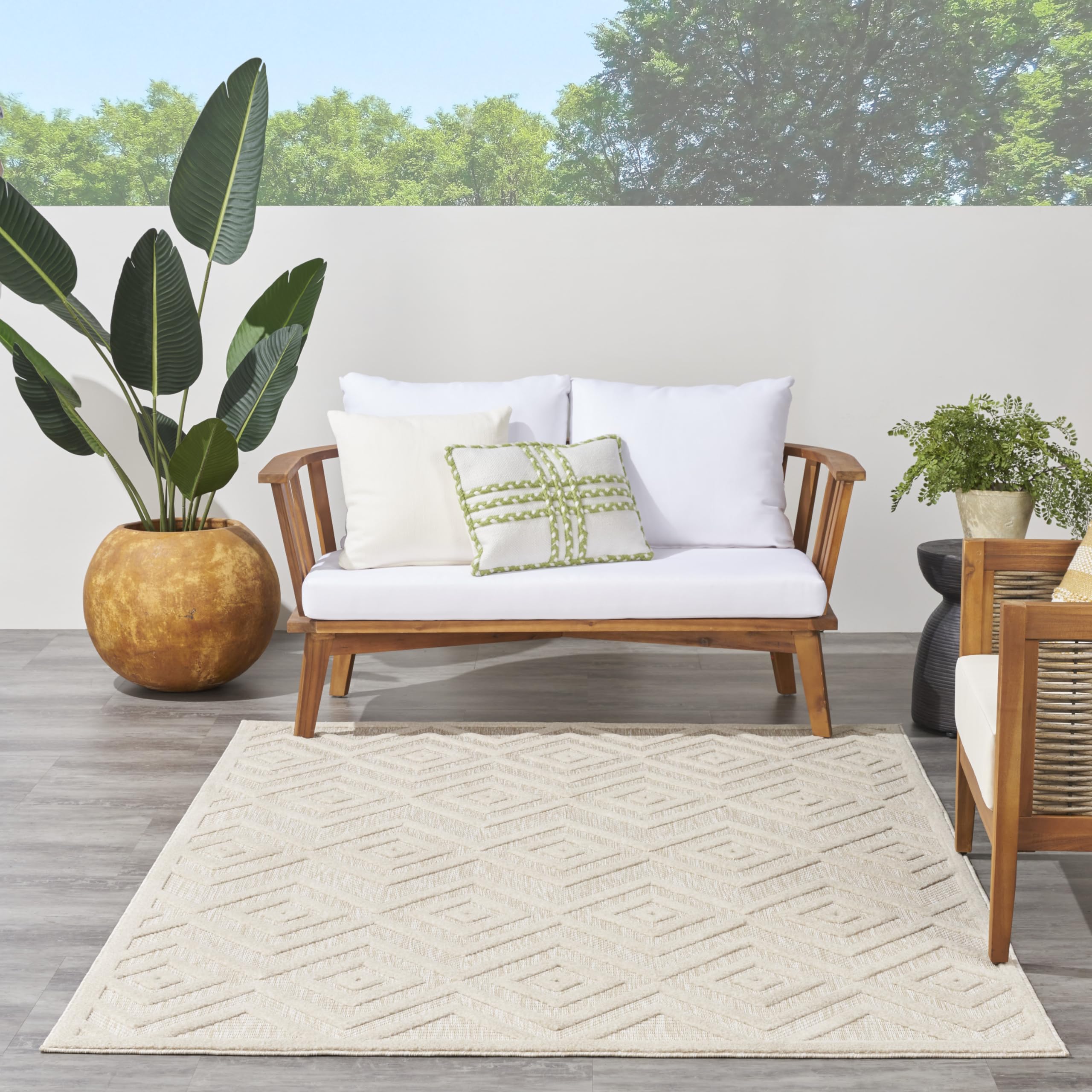 Nourison Versatile Indoor/Outdoor Cream 5' X 7' Area Rug, Easy Cleaning, Non Shedding, Bed Room, Living Room, Dining Room, Backyard, Deck, Patio (5X7)