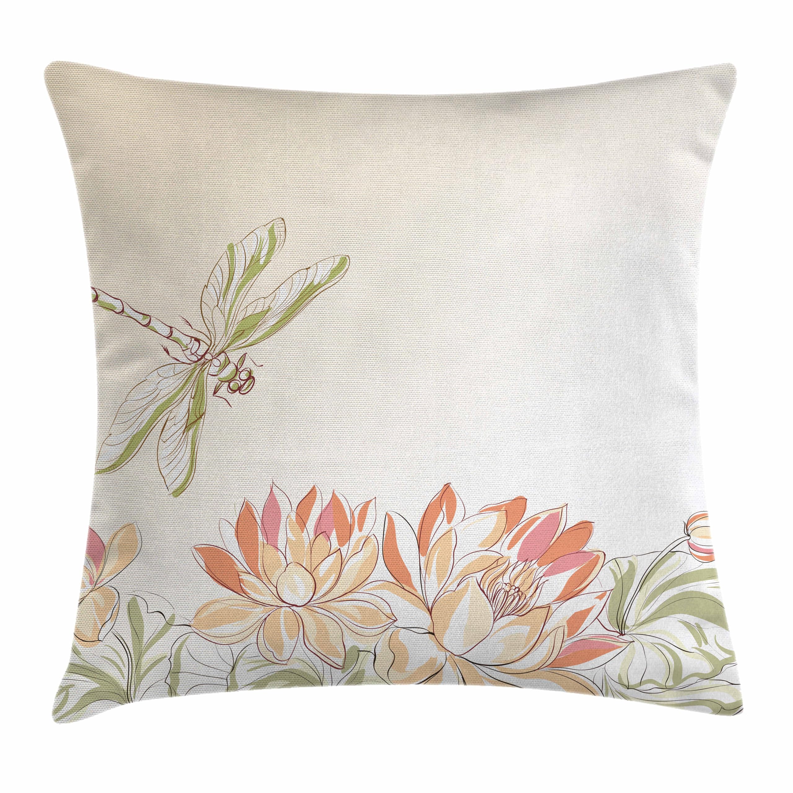 Ambesonne Dragonfly Throw Pillow Cushion Cover, Lotus Flower Field With Dragonfly Flying Oriental Blooms Print, Decorative Recta