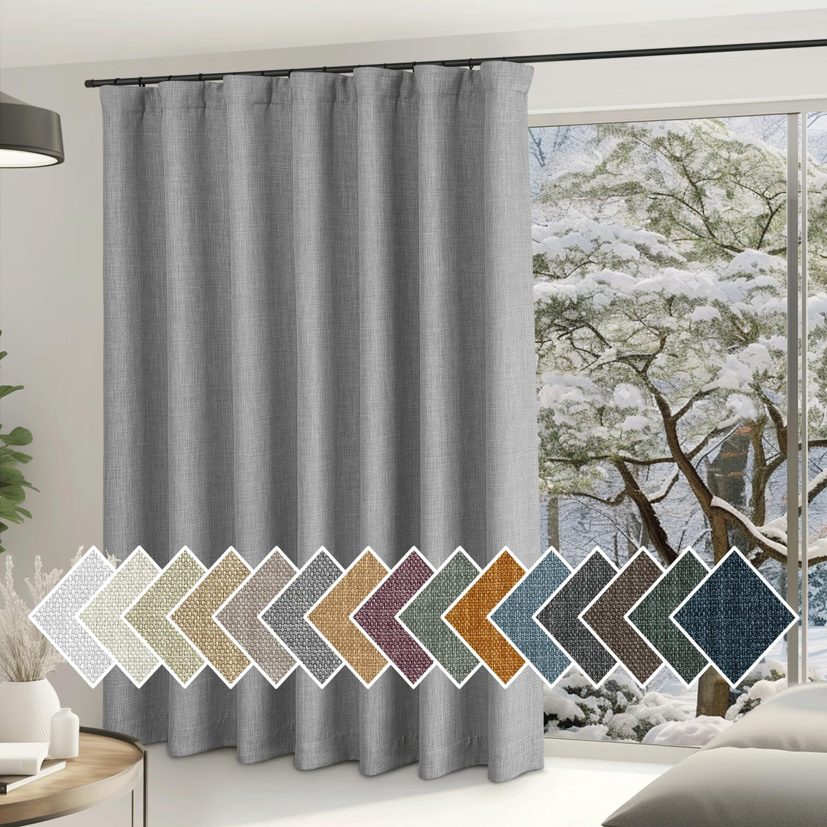 Nicetown Extra Wide Light Grey Sliding Door Curtains, Hook Belt/Rod Pocket/Back Tab Faux Linen Thermal Drape Room Dividers Windo