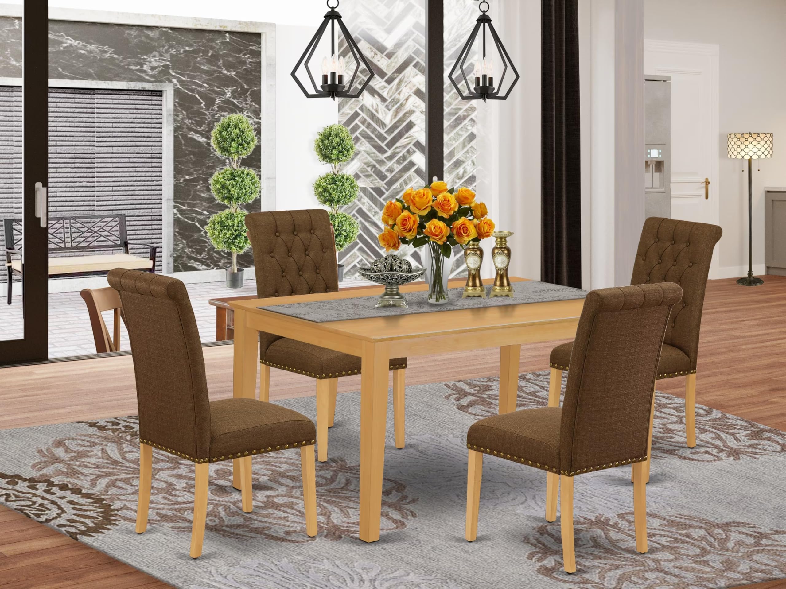 East West Furniture Cabr5-Oak-18 5 Piece Dining Room Furniture Set Includes A Rectangle Dining Table And 4 Brown Linen Linen Fabric Upholstered Chairs, 36X60 Inch, Oak