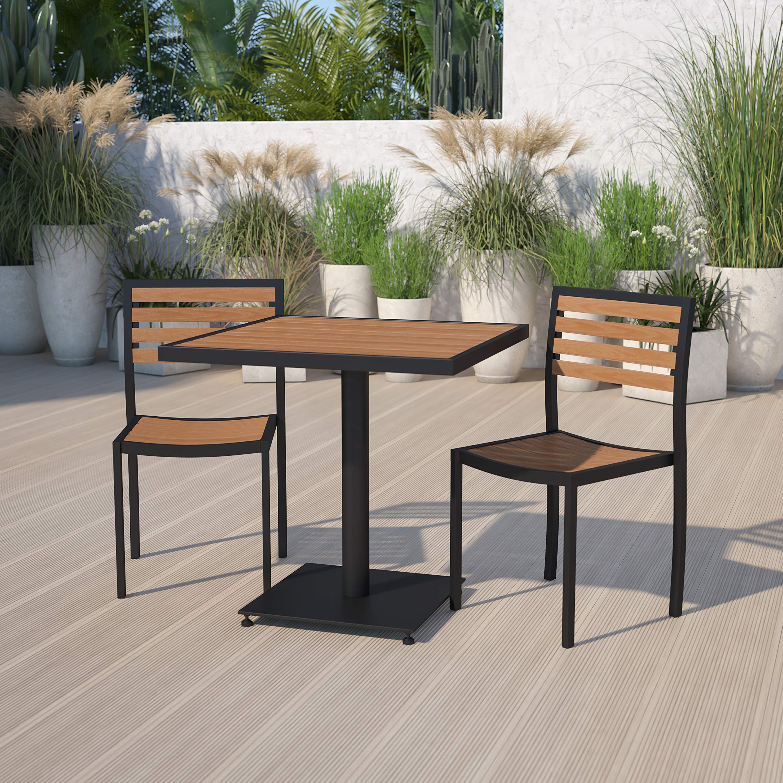 Flash Furniture Outdoor Patio Bistro Dining Table Set With 4 Chairs And Faux Teak Poly Slats
