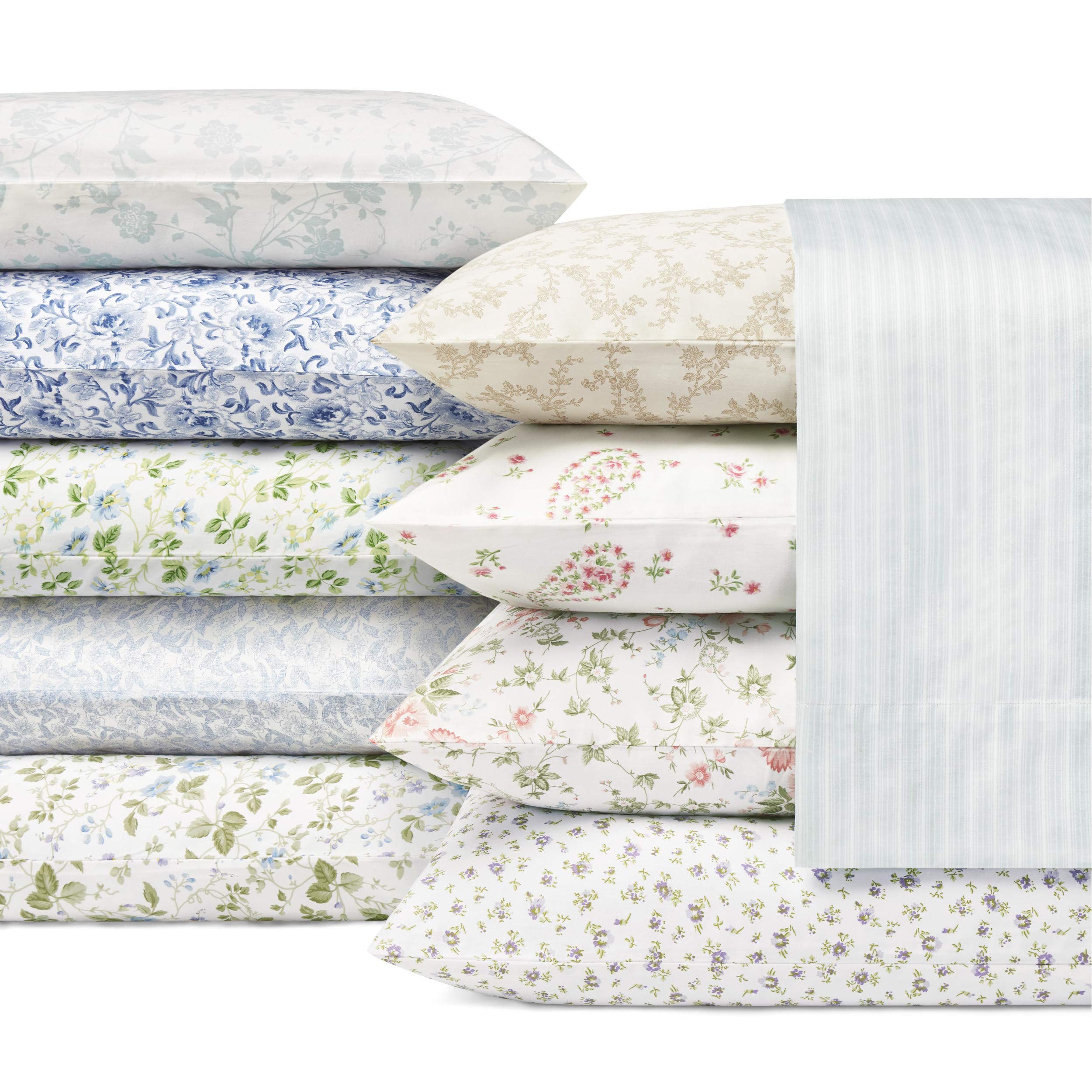 Laura Ashley Home - King Sheets, Soft Sateen Cotton Bedding Set - Sleek, Smooth, & Breathable Home Decor (Blossoming Blue,4 Pcs,