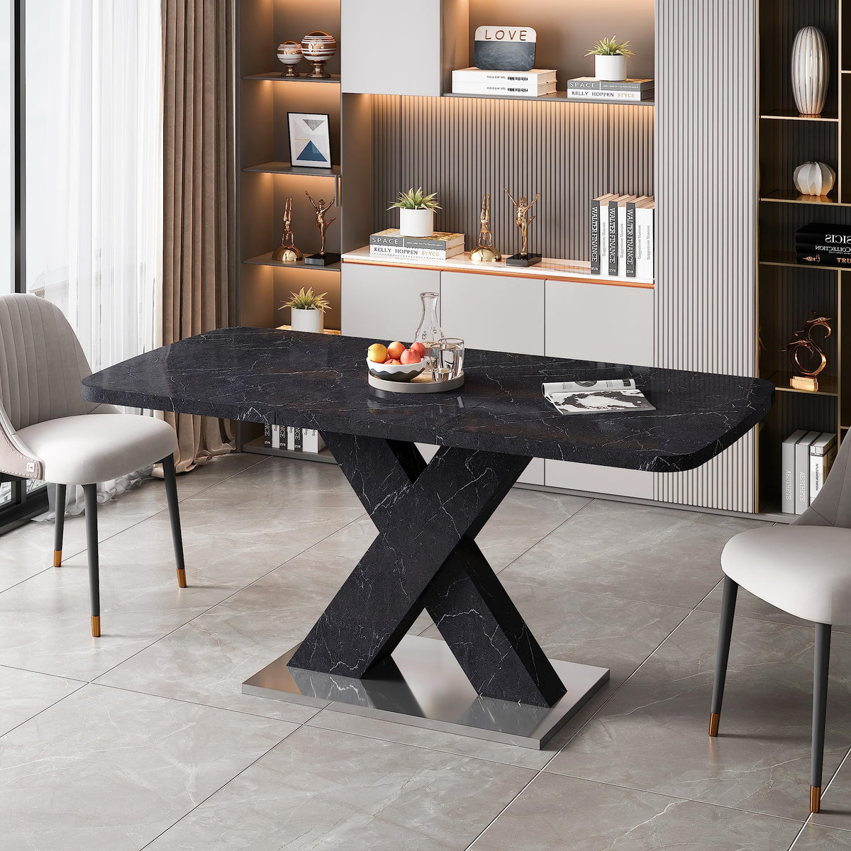 Lasadelgar Modern Dining Table, 47-63 Inch Rectangular Stretchable Black Marble Printed Mdf Table Top X-Shape Table Leg With Met