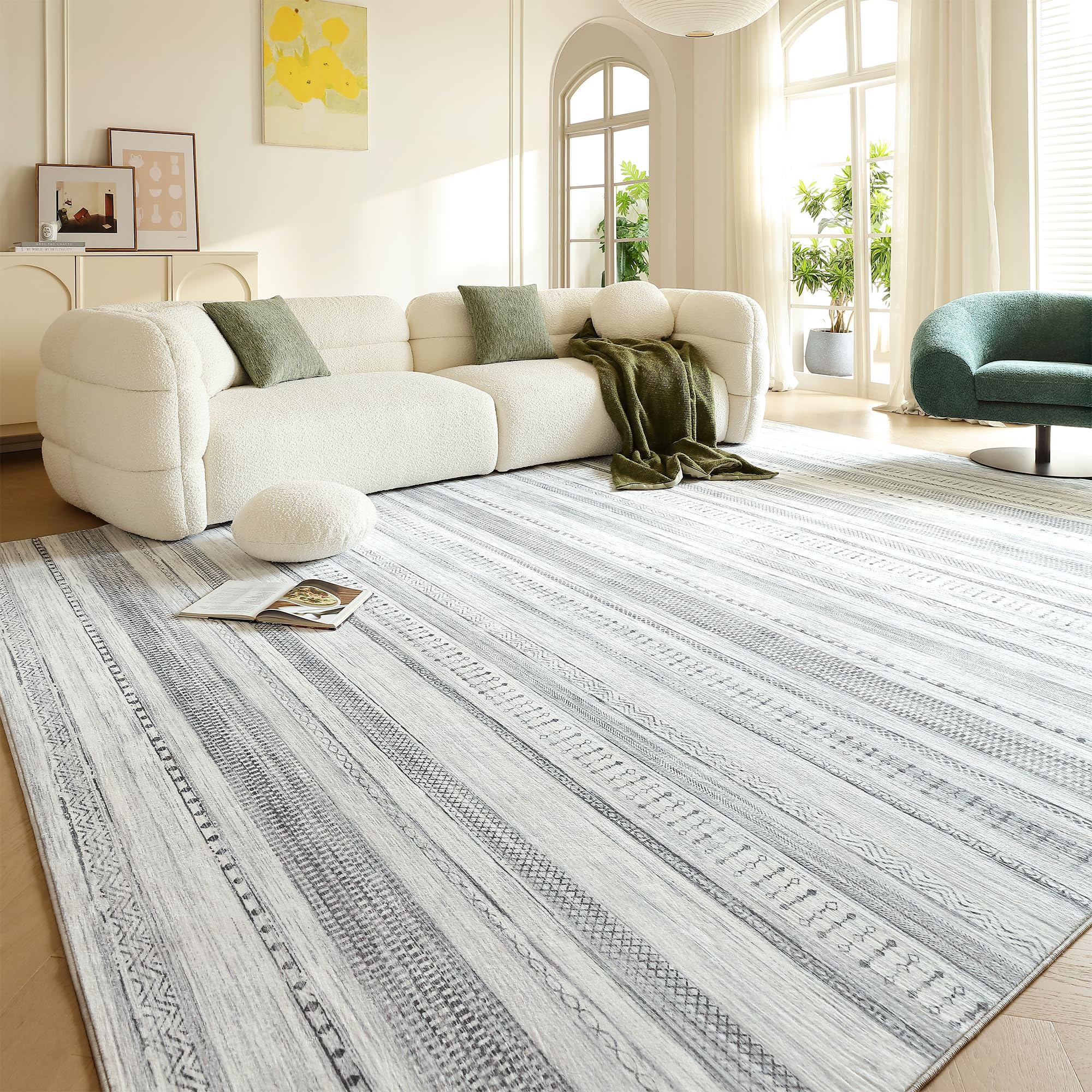 Boraya Area Rugs for Living Room: 9x12 Washable Boho Rug for Bedroom Large Neutral Bohemian Moroccan Farmhouse Geometric Dining 