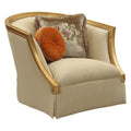 Benjara 41 Inch Modern Fabric Curved Chair, 2 Accent Pillows, Gold and Beige