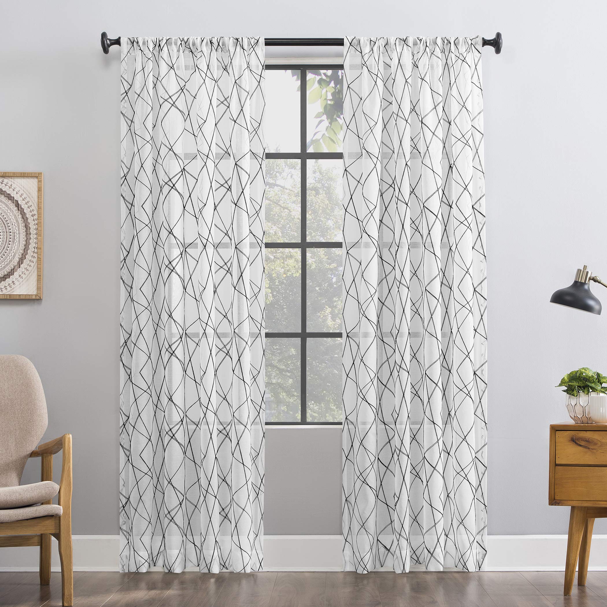 No. 918 Fraction 2-pack Mid-Century Modern Geometric Embroidery Semi-Sheer Rod Pocket Curtain Panel Pair, 50 x 84, Black