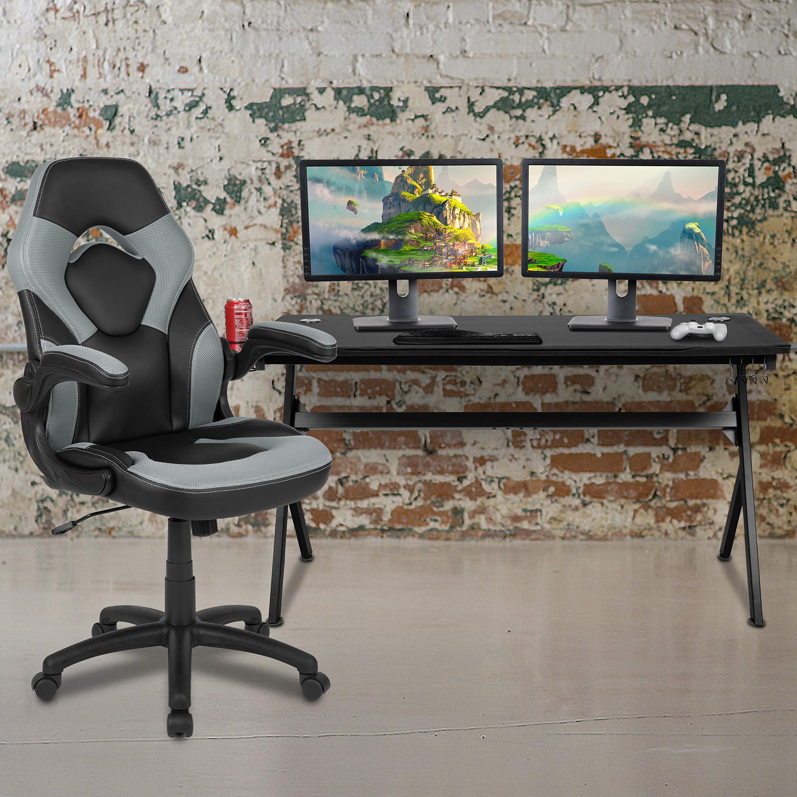 Flash Furniture Gaming Desk and Gray/Black Racing Chair Set/Cup Holder/Headphone Hook/Removable Mouse Pad Top - 2 Wire Management Holes