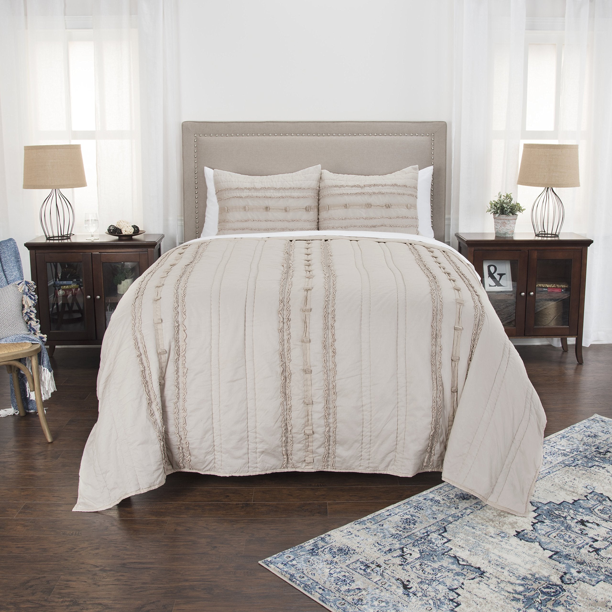 Rizzy Home | BQ4581 | Polyester Quilt | 106"x92" Brown/Neutral/Gray Stripe