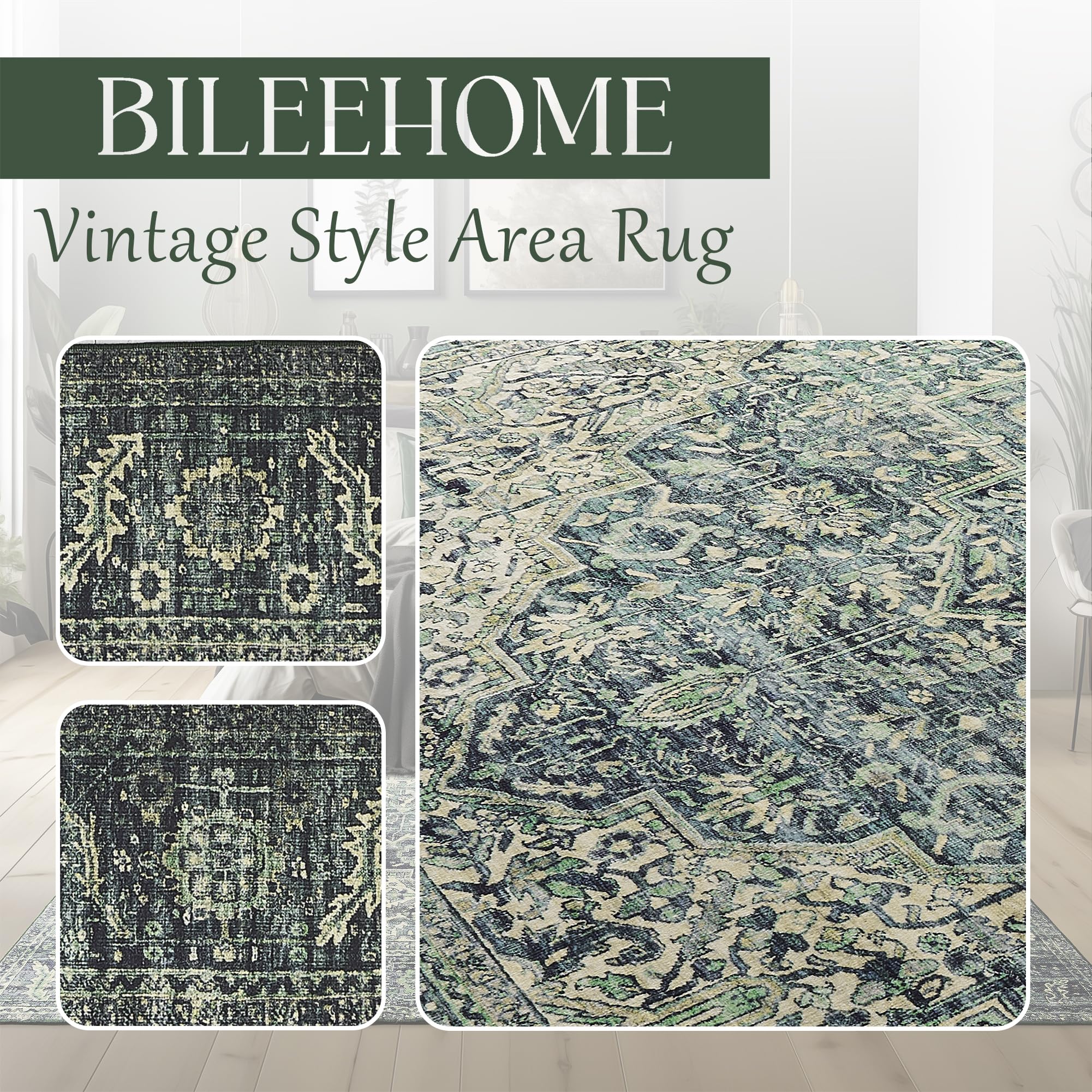 Bileehome Dark Emerald Green Rug For Living Room,Vintage Floral Waterproof Non Slip Cool Area Rugs For Men Office Hardwood Floor