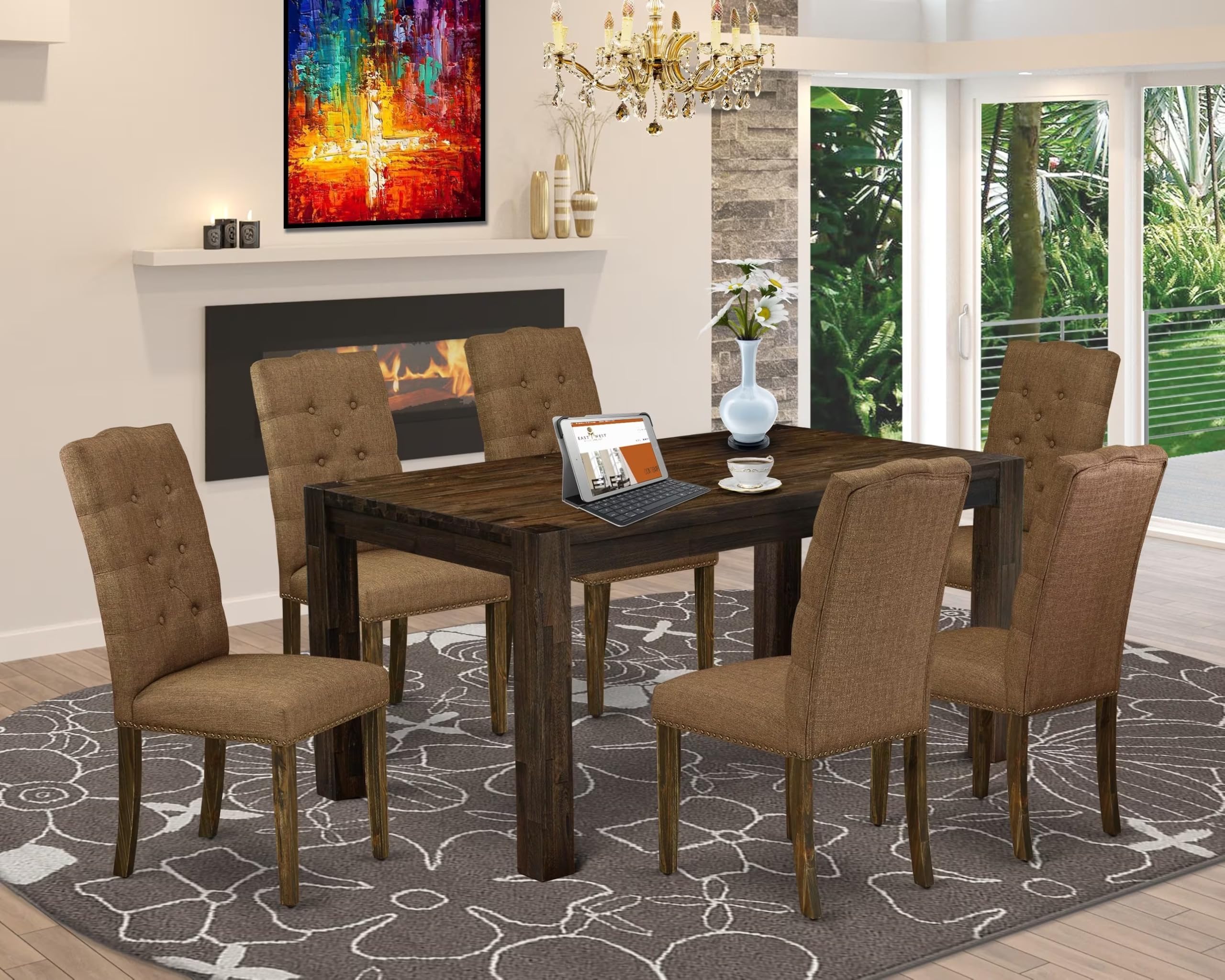 East West Furniture Cnel7-77-18 7 Piece Dining Room Table Set Consist Of A Rectangle Rustic Wood Dining Table And 6 Brown Linen Linen Fabric Upholstered Chairs, 36X60 Inch, Jacobean