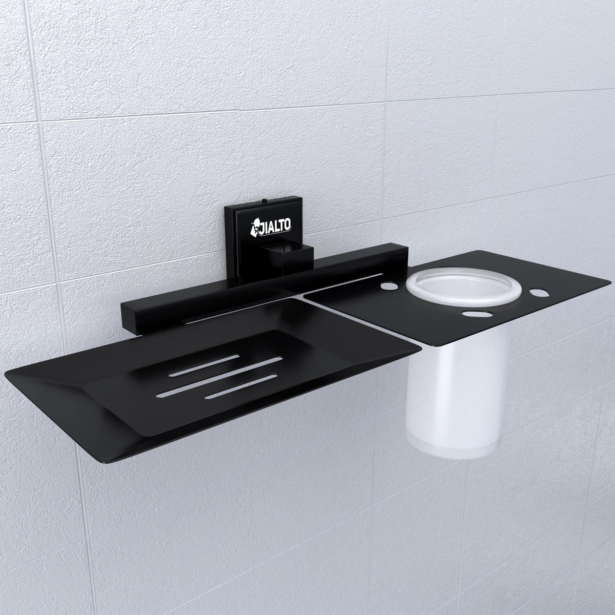 JIALTO Wall Mount Toothbrush Holder with Soap Dish & Toothpaste Stand  Matte Black Bathroom Organizer with Cup  Metal Toothbru