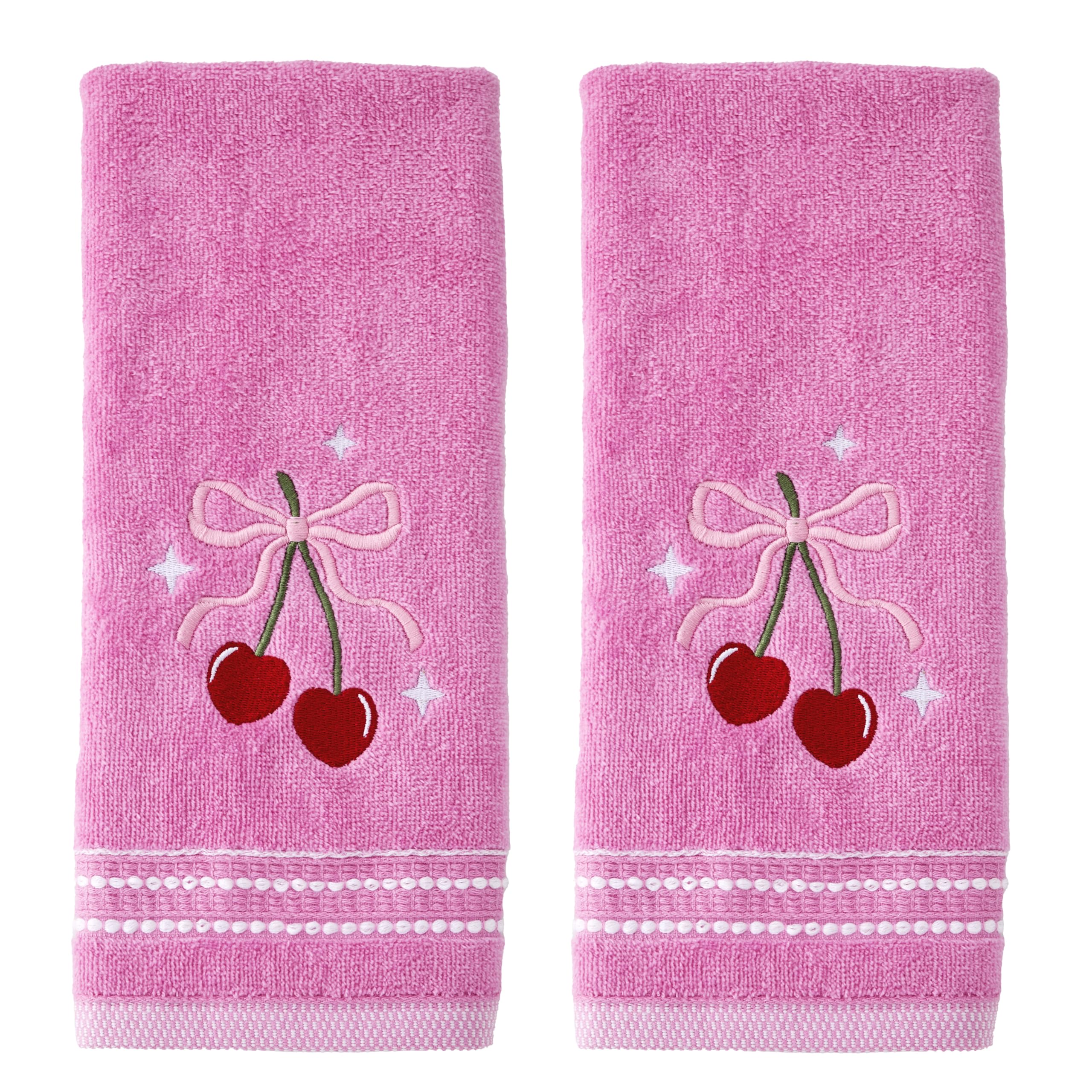 SKL Home Valentines Day Cherry Hearts 100% Cotton Embroidered 2pc Hand Towel Set, Decorative for Bath/Kitchen/Bar & Gift, Pink