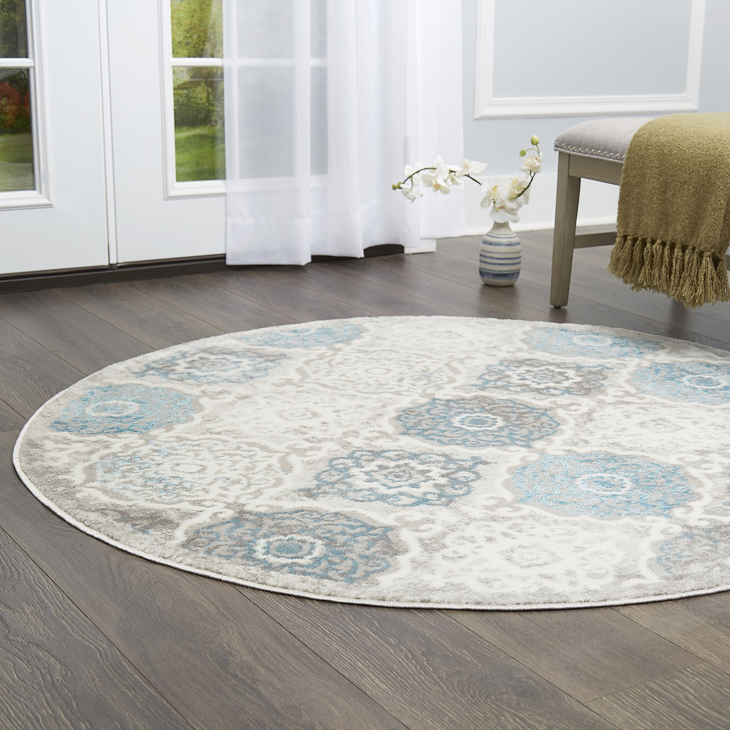 Home Dynamix Boho Andorra Transitional Damask Area Rug, Grey/Blue, 710 Round
