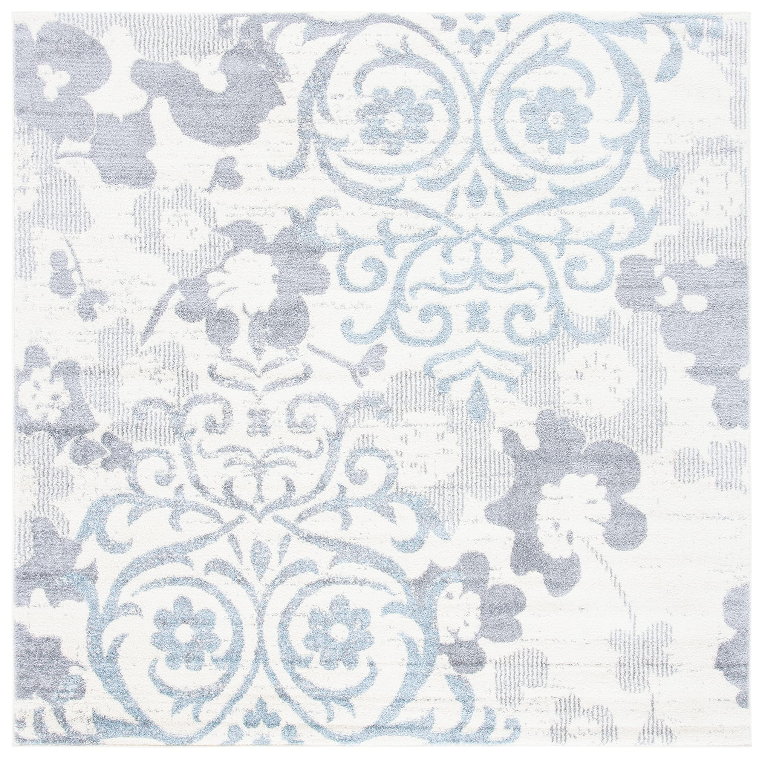 Safavieh Adirondack Collection Area Rug - 8 Square, Ivory & Grey, Floral Glam Damask Distressed Design, Ideal for High Traffic 