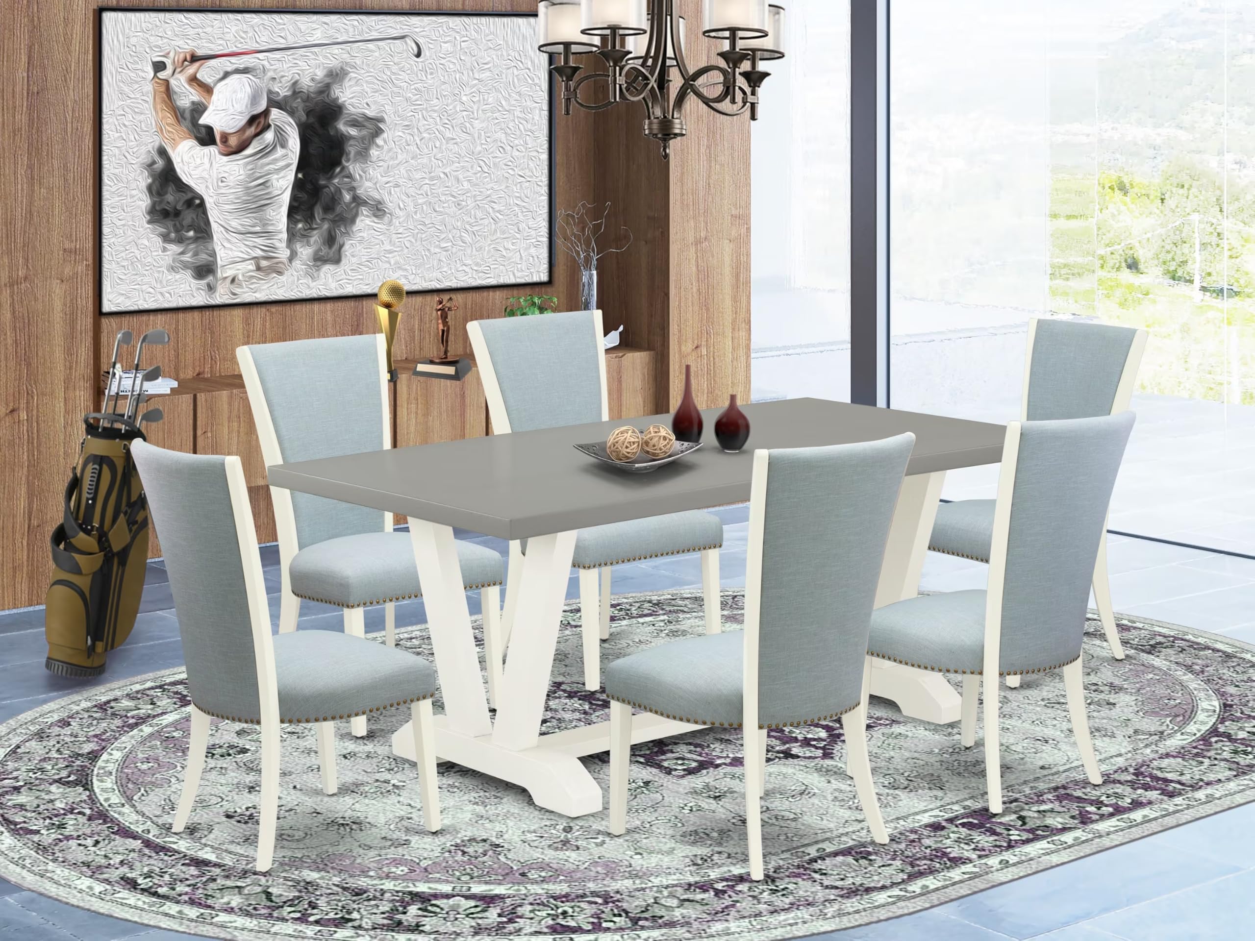 East West Furniture V097VE215-7 7 Piece Dining Table Set Consist of a Rectangle Dining Room Table with V-Legs and 6 Baby Blue Linen Fabric Upholstered Chairs, 40x72 Inch, Multi-Color