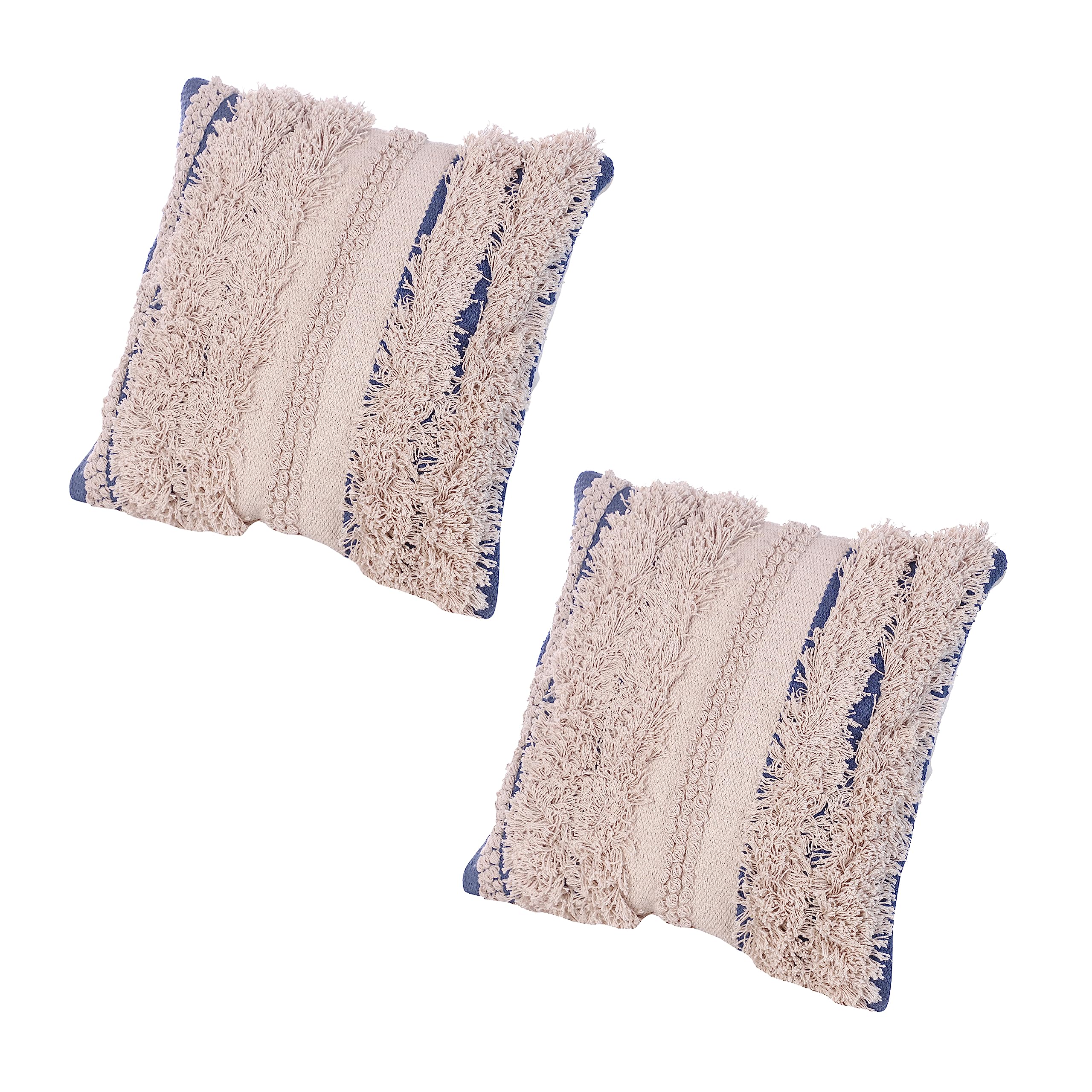 The Urban Port 18 x 18 Handcrafted Shaggy Cotton Accent Throw Pillows, Woven Yarn, Set of 2, Beige, Blue, 2 Count