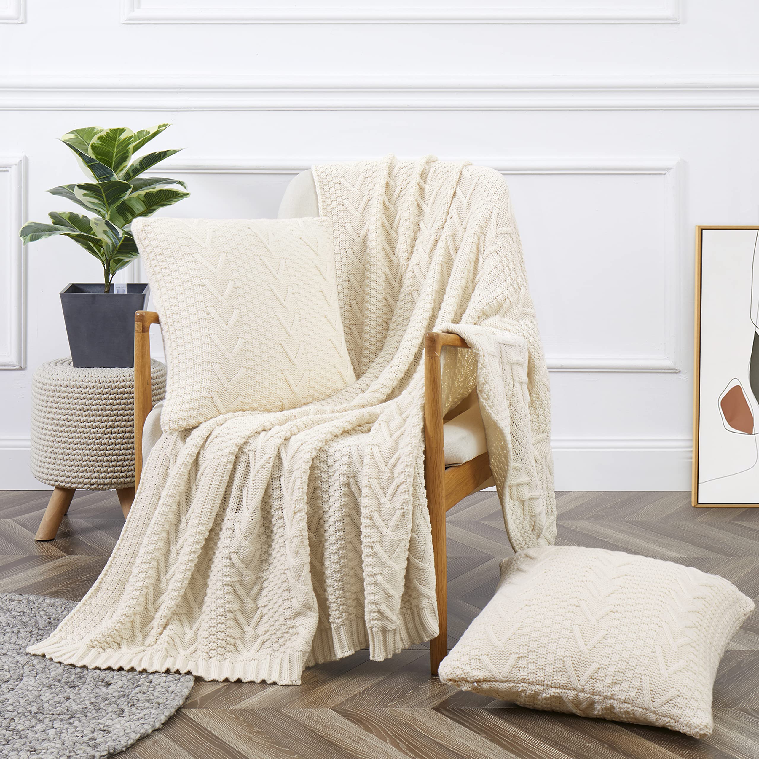 Aormenzy Knitted Throw Blanket (50' X 60') And 2 Pillow Covers (18' X 18'), 3 Piece Cream Throw Blanket Set, Decorative Thro
