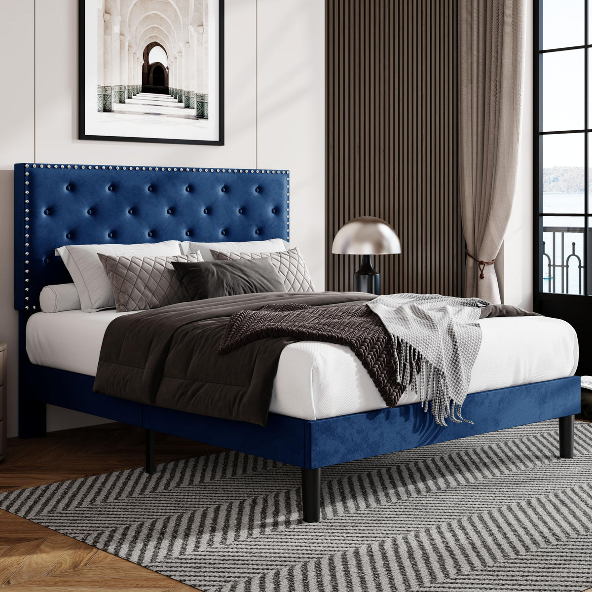 Allewie Queen Size Velvet Upholstered Platform Bed Frame With Adjustable Diamond Button Tufted And Nailhead Trim Headboard, Wood Slat Support, Easy Assembly, No Box Spring Needed, Navy Blue