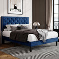 Allewie Full Size Velvet Upholstered Platform Bed Frame With Adjustable Diamond Button Tufted And Nailhead Trim Headboard, Wood Slat Support, Easy Assembly, No Box Spring Needed, Navy Blue