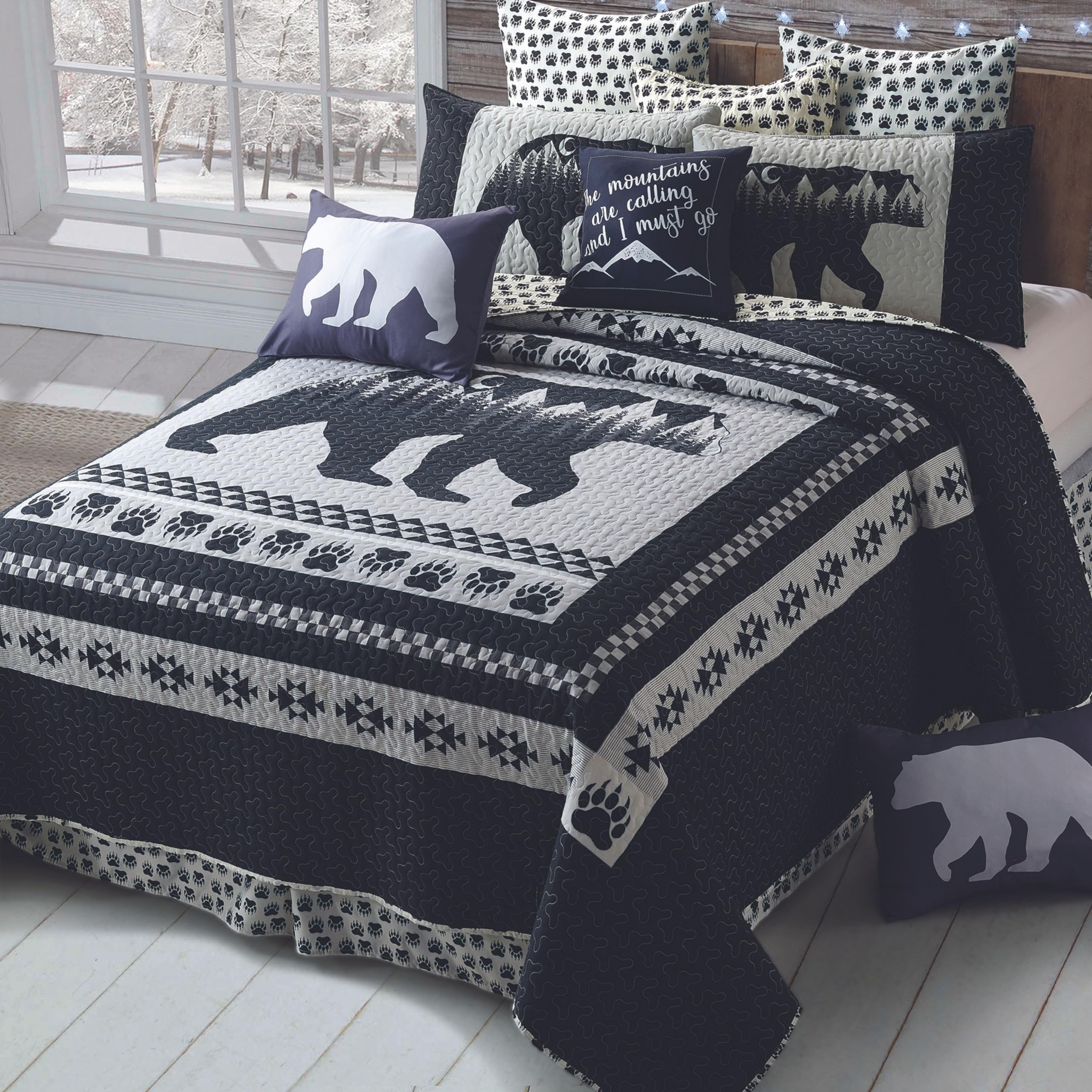 Virah Bella 3 Piece Queen Lodge Quilt Bedding Set - Moon Bear - Rustic Cabin Country Reversible Camping Comforter Set With Decor
