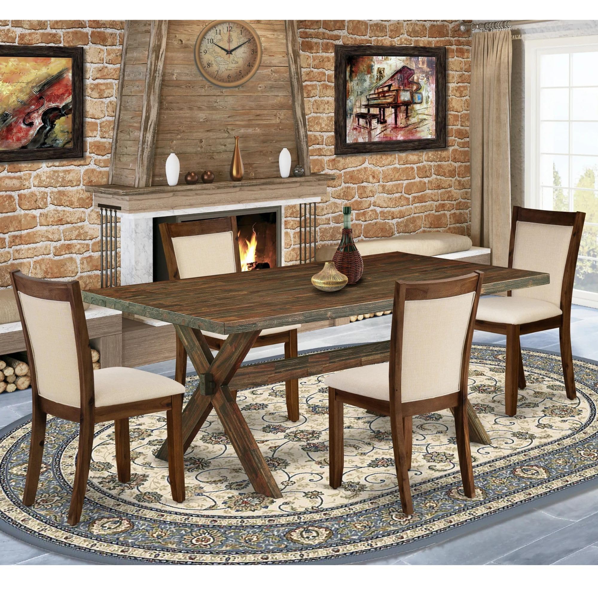 East West Furniture X777Mzn32-5 5 Piece Kitchen Table & Chairs Set Includes A Rectangle Dining Room Table With X-Legs And 4 Light Beige Linen Fabric Parsons Chairs, 40X72 Inch, Multi-Color