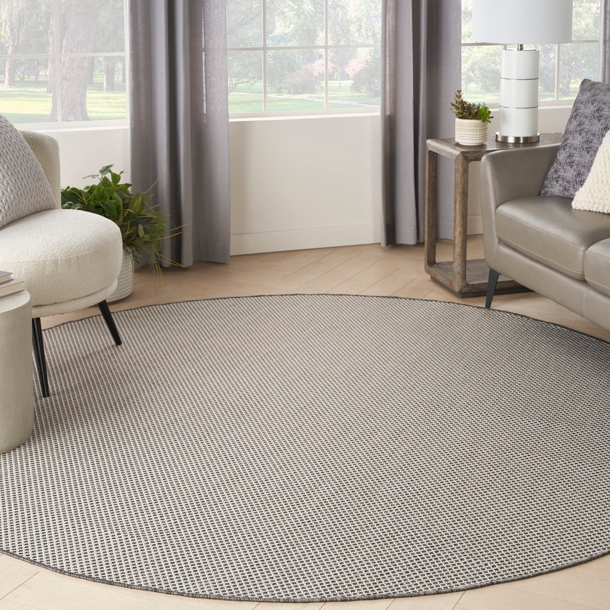 Nourison Courtyard Indoor/Outdoor Ivory/Charcoal 8' X Round Area Rug, Easy-Cleaning, Non Shedding, Bed Room, Living Room, Dining