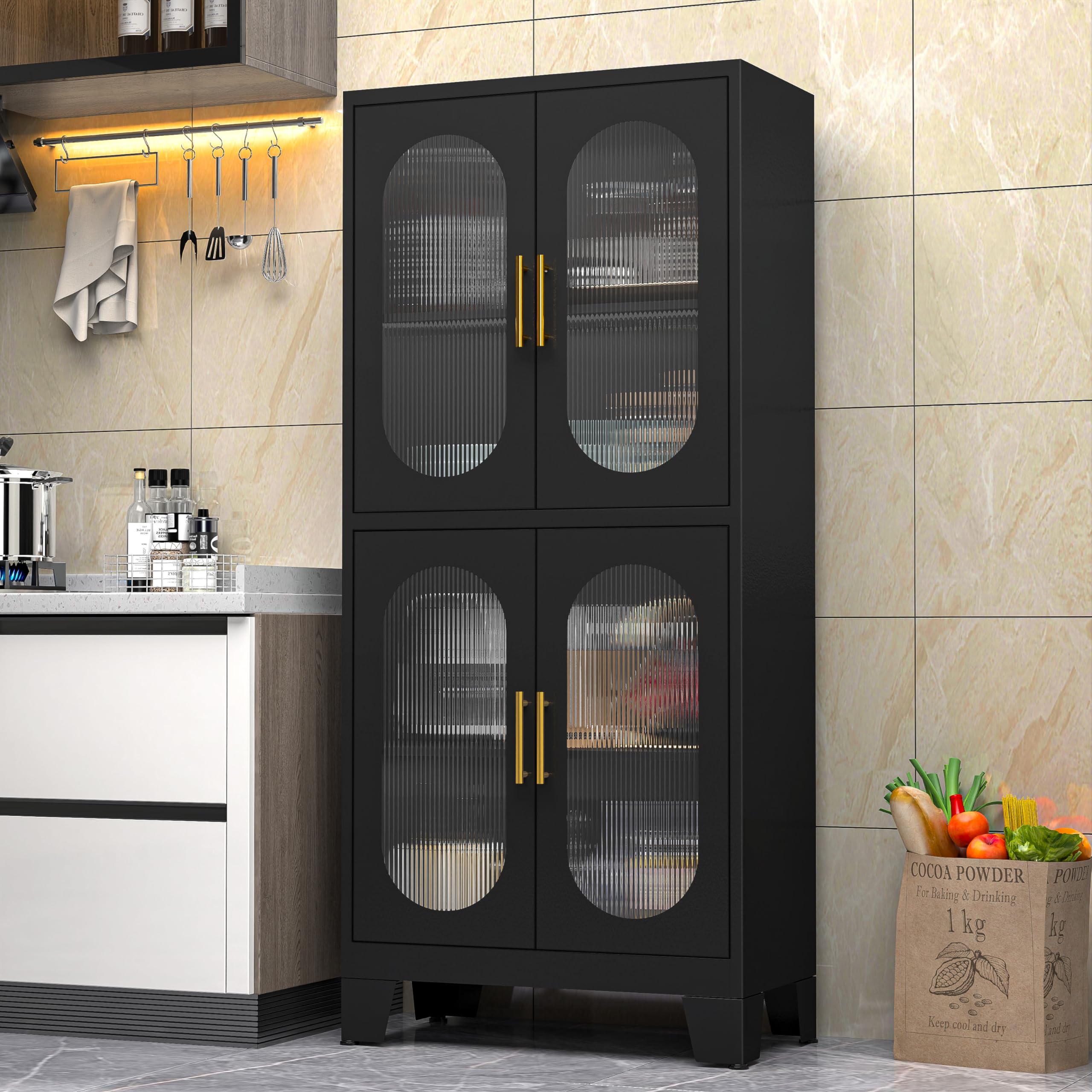 Paofin 61'' Black Pantry Storage Cabinet, Kitchen Pantry Cabinet With Acrylic Glass Doors And Shelves, Kitchen Pantry With Adjus