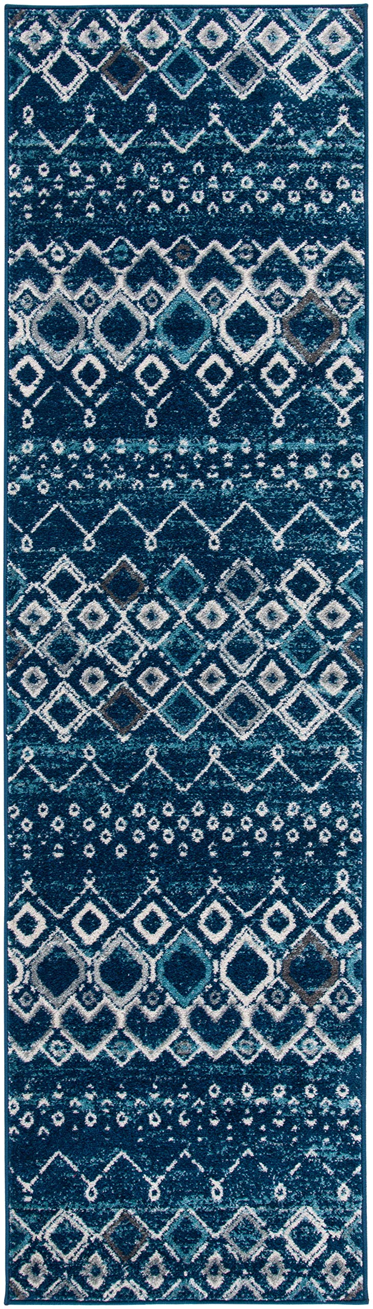 SAFAVIEH Amsterdam Collection Runner Rug - 2'3'' x 6', Navy & Beige, Moroccan Boho Design, Non-Shedding & Easy Care, Ideal for H