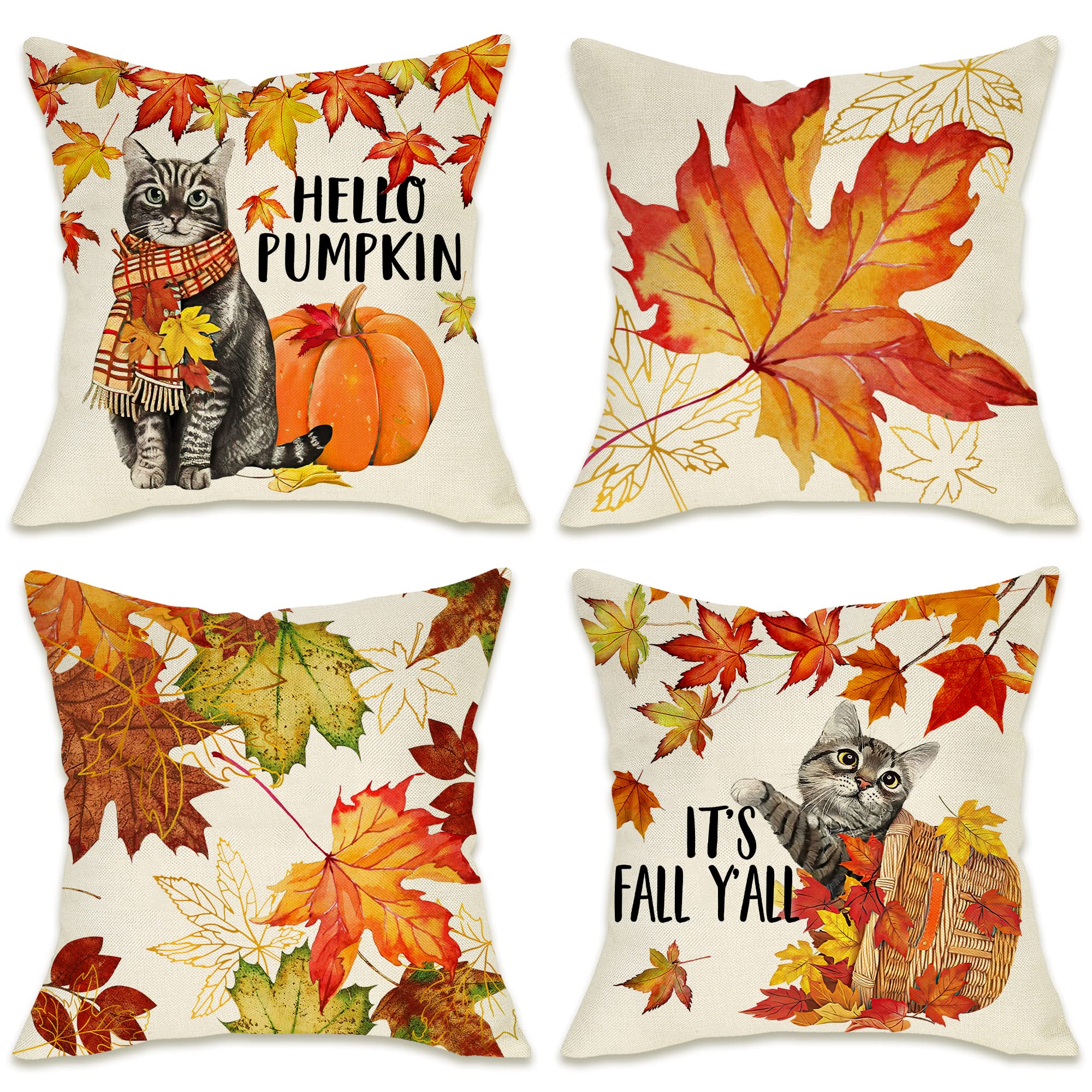 Fahrendom It'S Fall Y'All Maple Leaf Cat Decorative Throw Pillow Cover 18 X 18 Set Of 4, Autumn Hello Pumpkin Porch Patio Outdoo