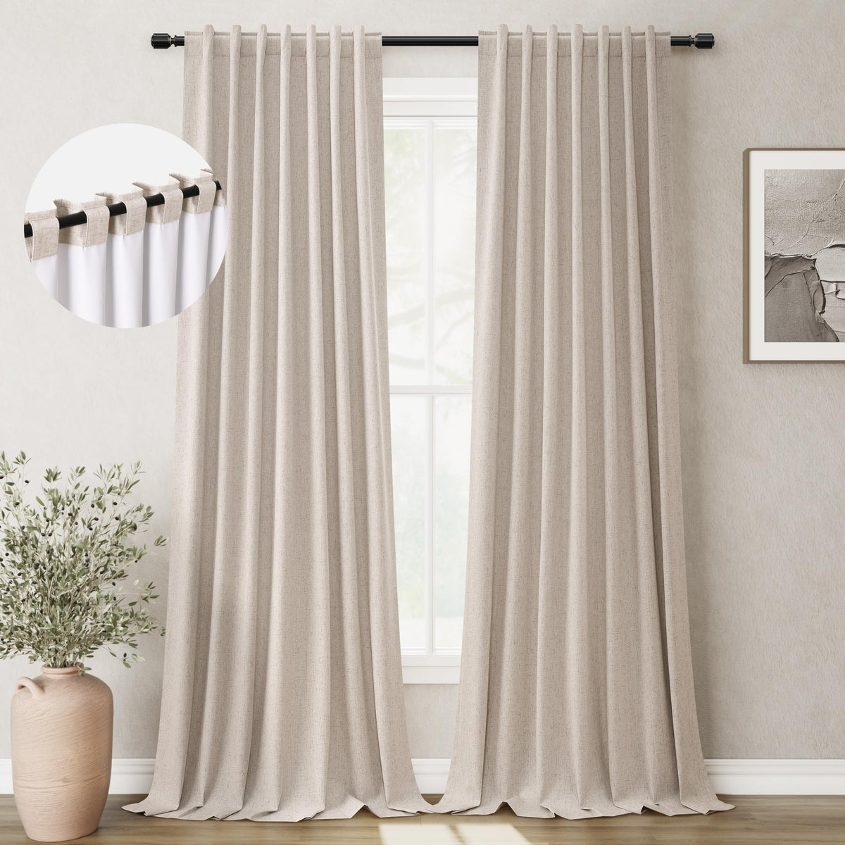 Boodii Oatmeal 120 Inch Long Blackout Curtains For Living Room Linen Blend Back Tab Neutral Modern Room Darkening Curtains Therm