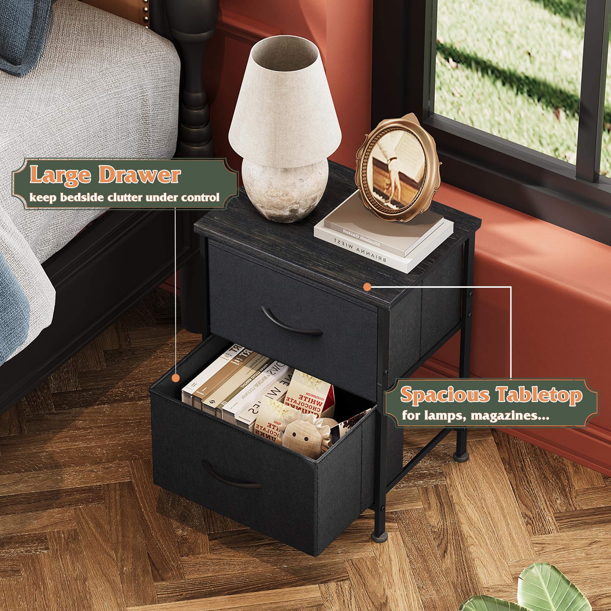 Wlive Nightstand Set Of 2, 2 Drawer Dresser For Bedroom, Small Dresser With 2 Drawers, Bedside Furniture, Night Stand, End Table With Fabric Bins For Bedroom, Closet, College Dorm, Charcoal Black