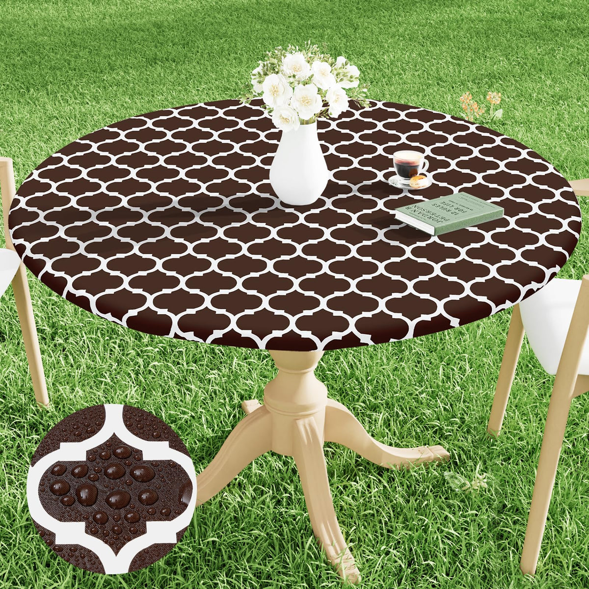 Smiry Round Picnic Tablecloth, Waterproof Elastic Fitted Table Covers For 45' - 56' Tables, Wipeable Flannel Backed Vinyl Tablecloths For Camping, Indoor, Outdoor, Coffee & White