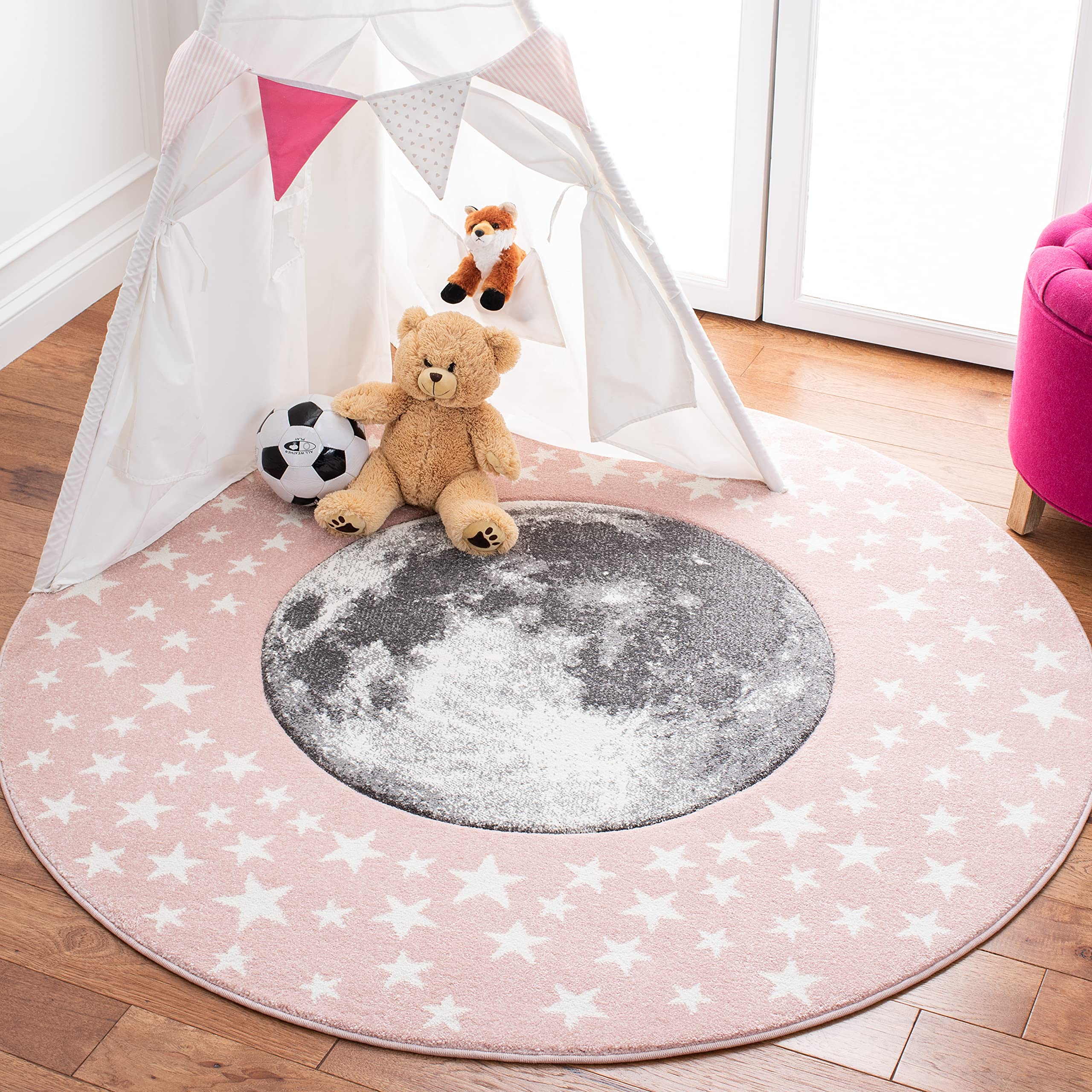 SAFAVIEH Carousel Kids Collection 67 Round Pink/Grey CRK135U Moon & Stars Non-Shedding Playroom Nursery Bedroom Area Rug