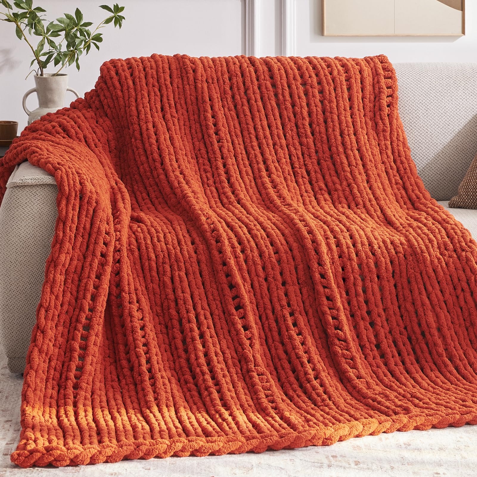 Negwoo Chunky Knit Throw Blanket, 40'*50' Knitted Throw Blankets For Bed Couch, Handmade Thick Orange Crochet Blanket Big Thic