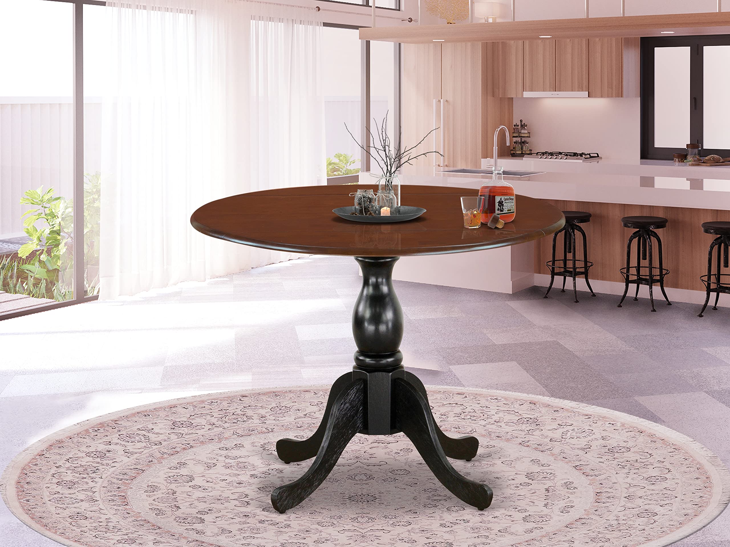 East West Furniture Dst-Mbk-Tp Dublin Kitchen Dining Table - A Round Wooden Table Top With Dropleaf & Pedestal Base, 42X42 Inch, Mahogany & Black