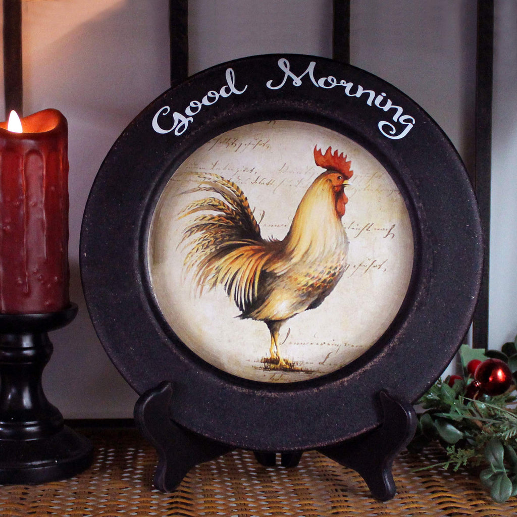 Cvhomedeco. Rooster Decorative Plate Country Distressed Round Display Wooden Plate Home D  Cor Art, 11-1/4 Inch