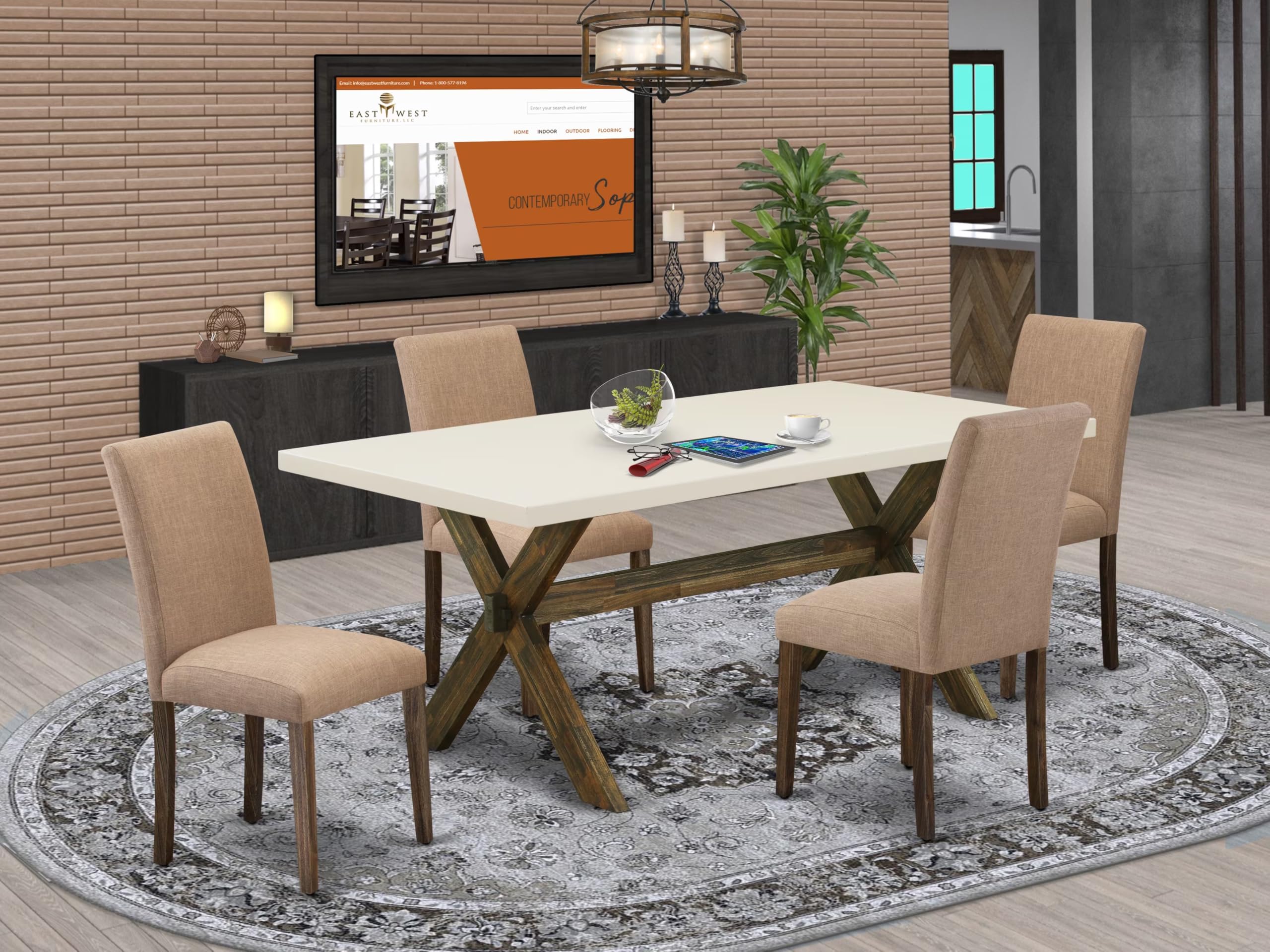 East West Furniture X727Ab747-5 5 Piece Dining Set Includes A Rectangle Dining Room Table With X-Legs And 4 Light Sable Linen Fabric Upholstered Parson Chairs, 40X72 Inch, Multi-Color